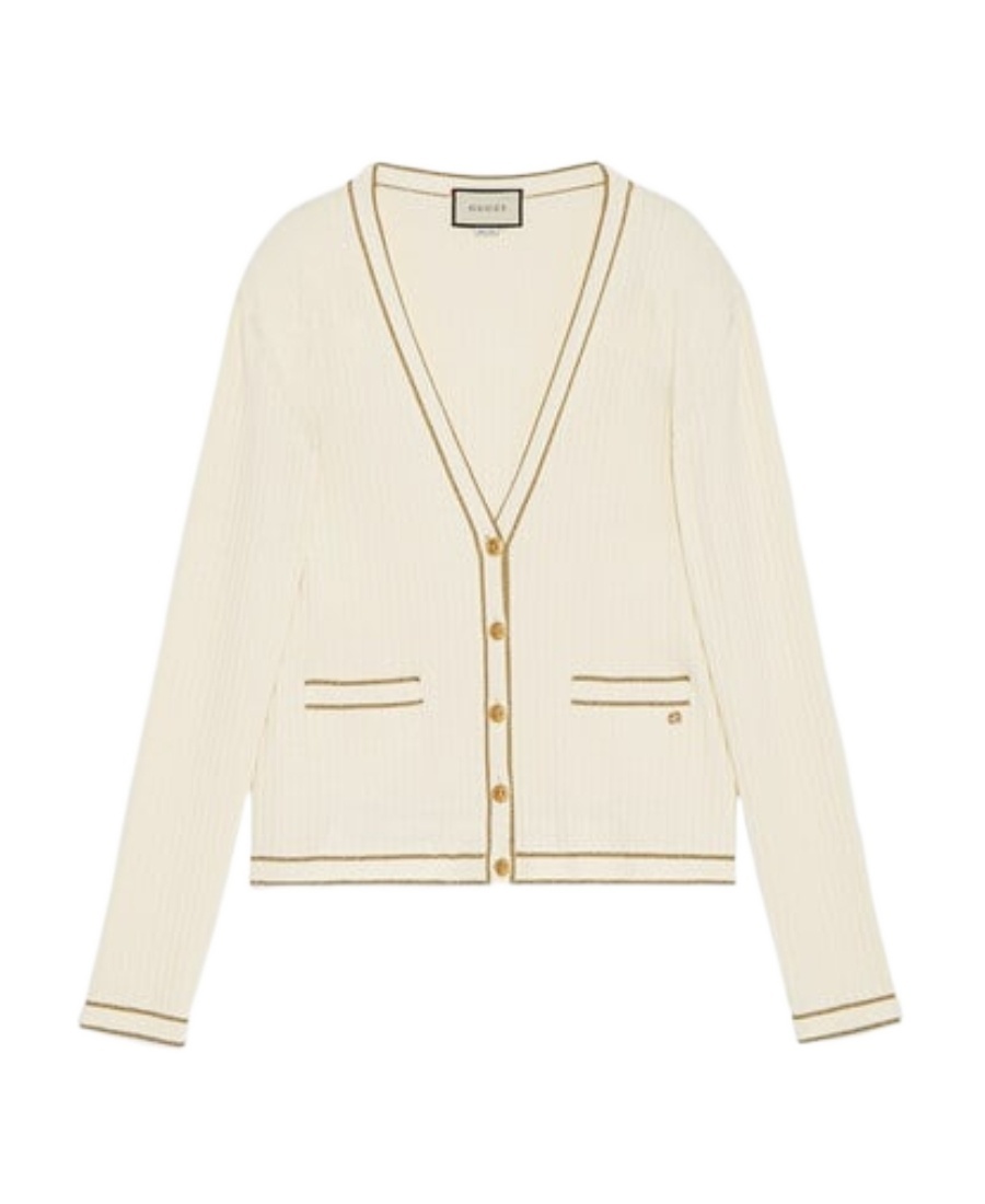 Gucci Incrocio Gg Ribbed-knit Cardigan In Nude