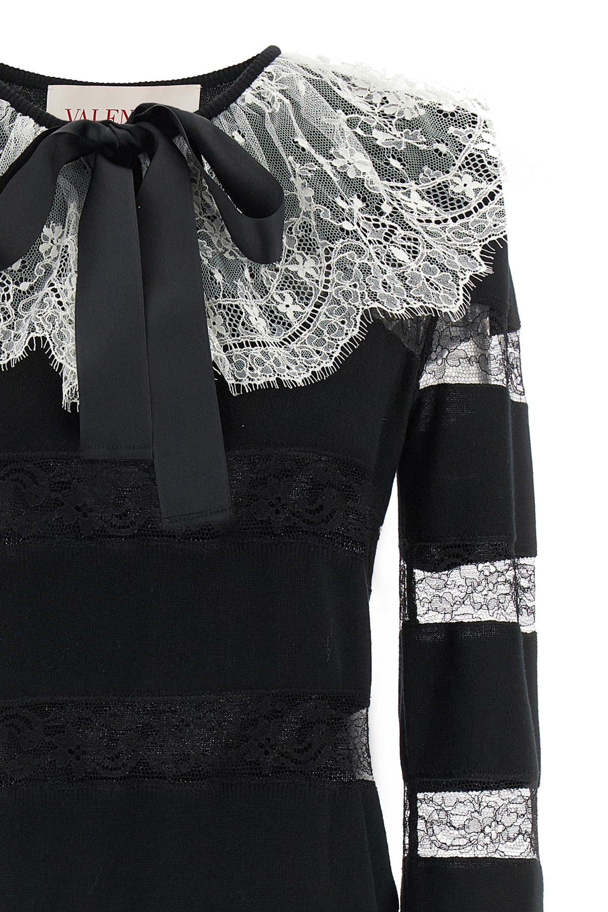 Valentino Bow-embellished Striped Lace-trimmed Wool Sweater In Black