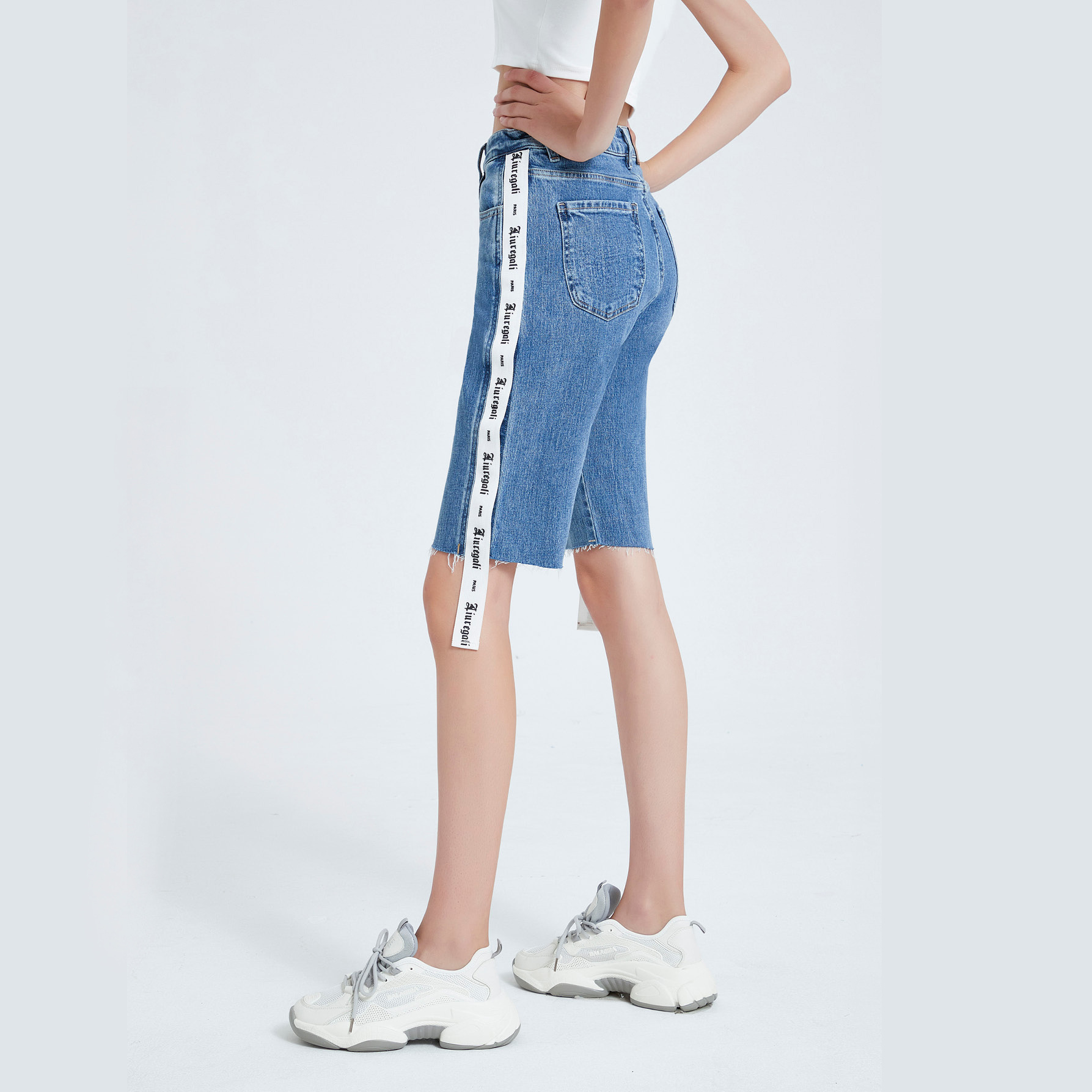Liuregali Long Ribbon Denim Shorts On The Side In Blue