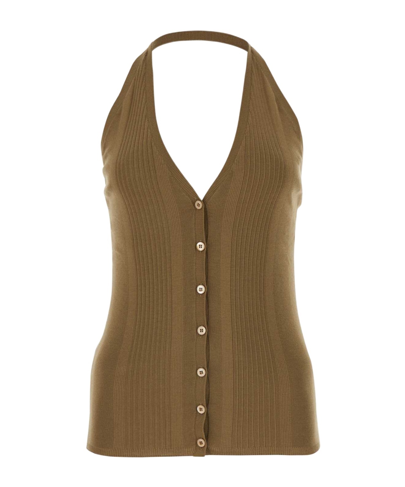 Prada Cotton Knit Halter V-neck With Ribbed Texture And Button Accents In Cork Beige
