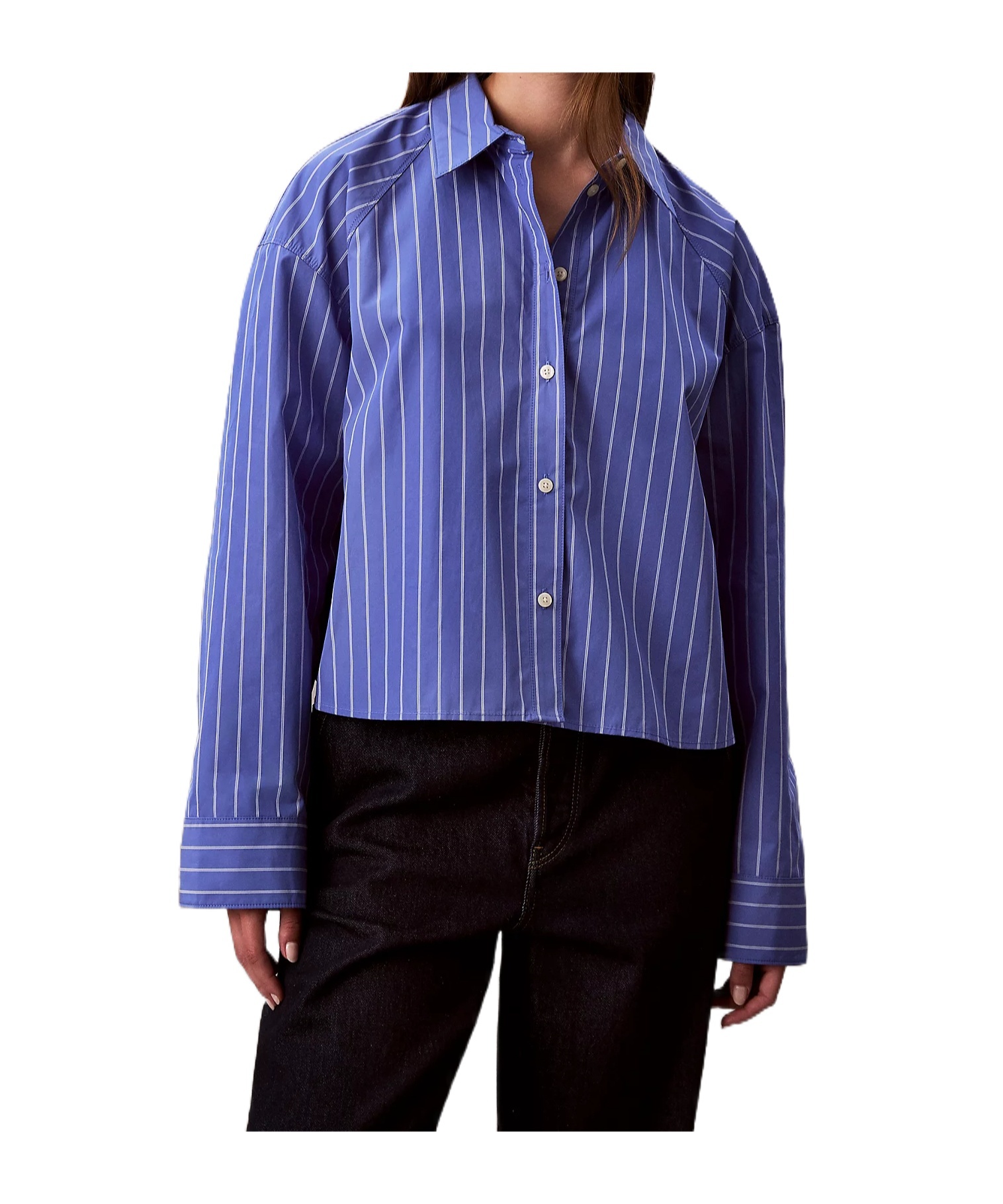 Calvin Klein Jeans Est.1978 Stripe Cropped Boxy Button-down Shirt In Blue