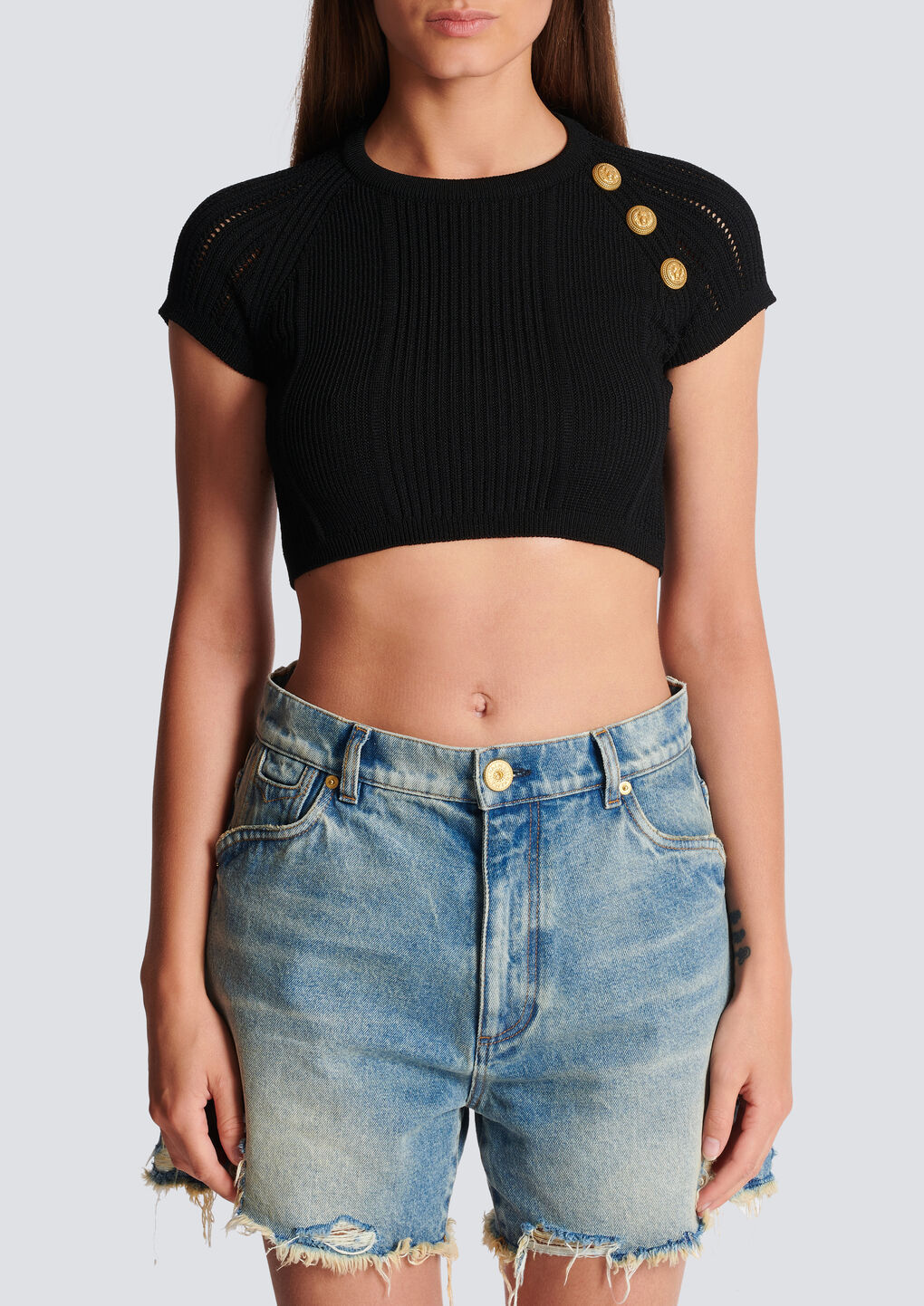 Balmain 3-button Fine Knitted T-shirt In Black