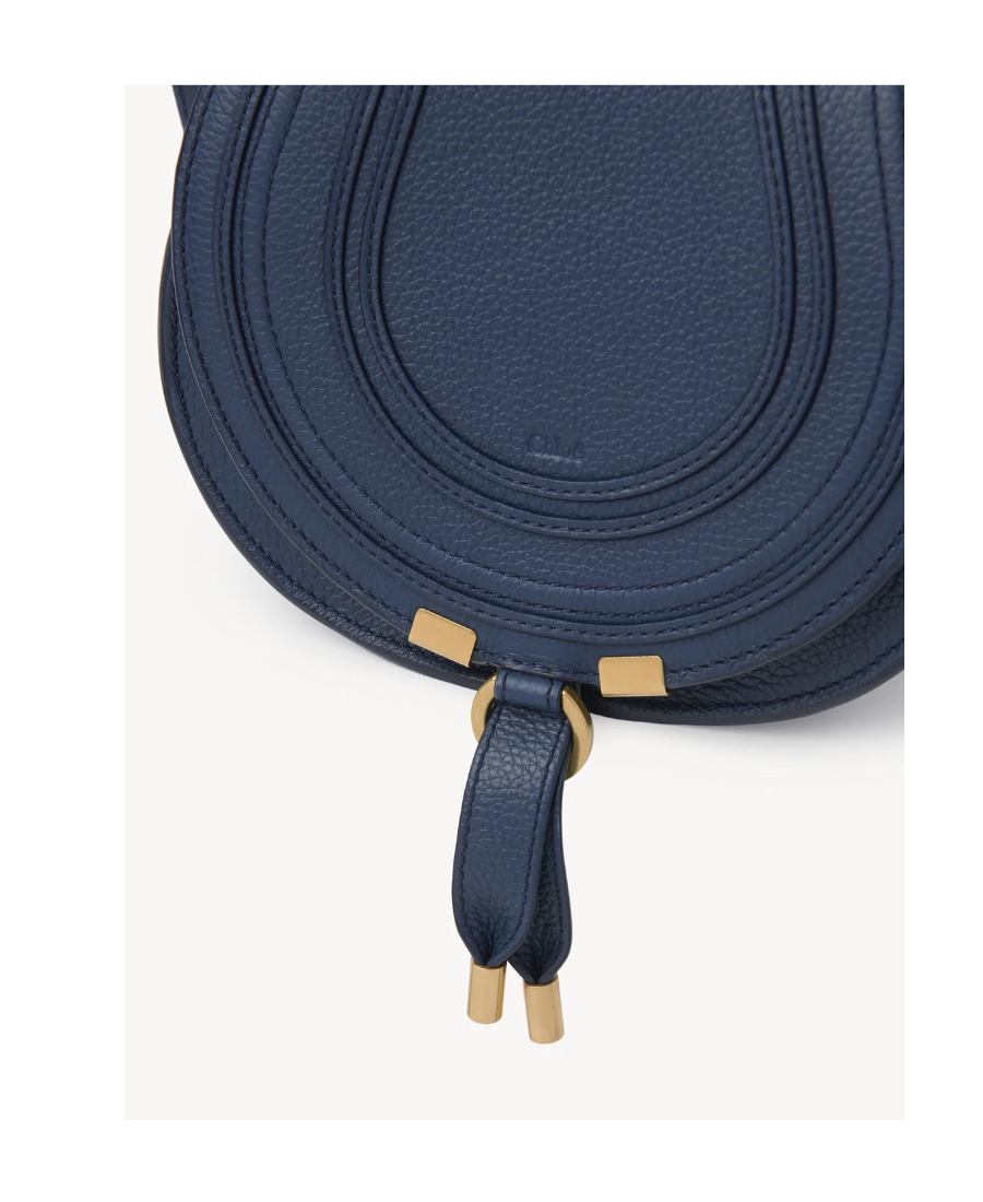 Chloé Marcie Small Leather Shoulder Bag With Logo Engraving In Blue