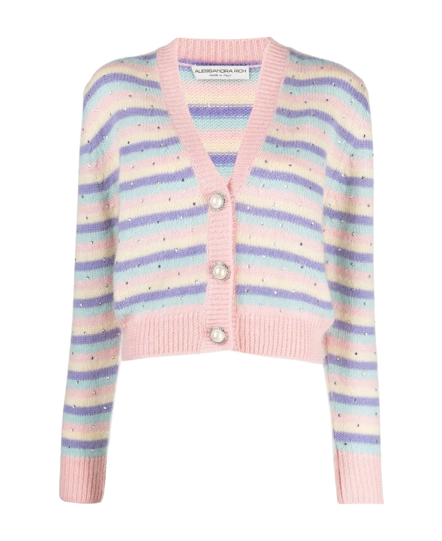 Alessandra Rich Striped Diamond Trim Short Cardigan In Multi