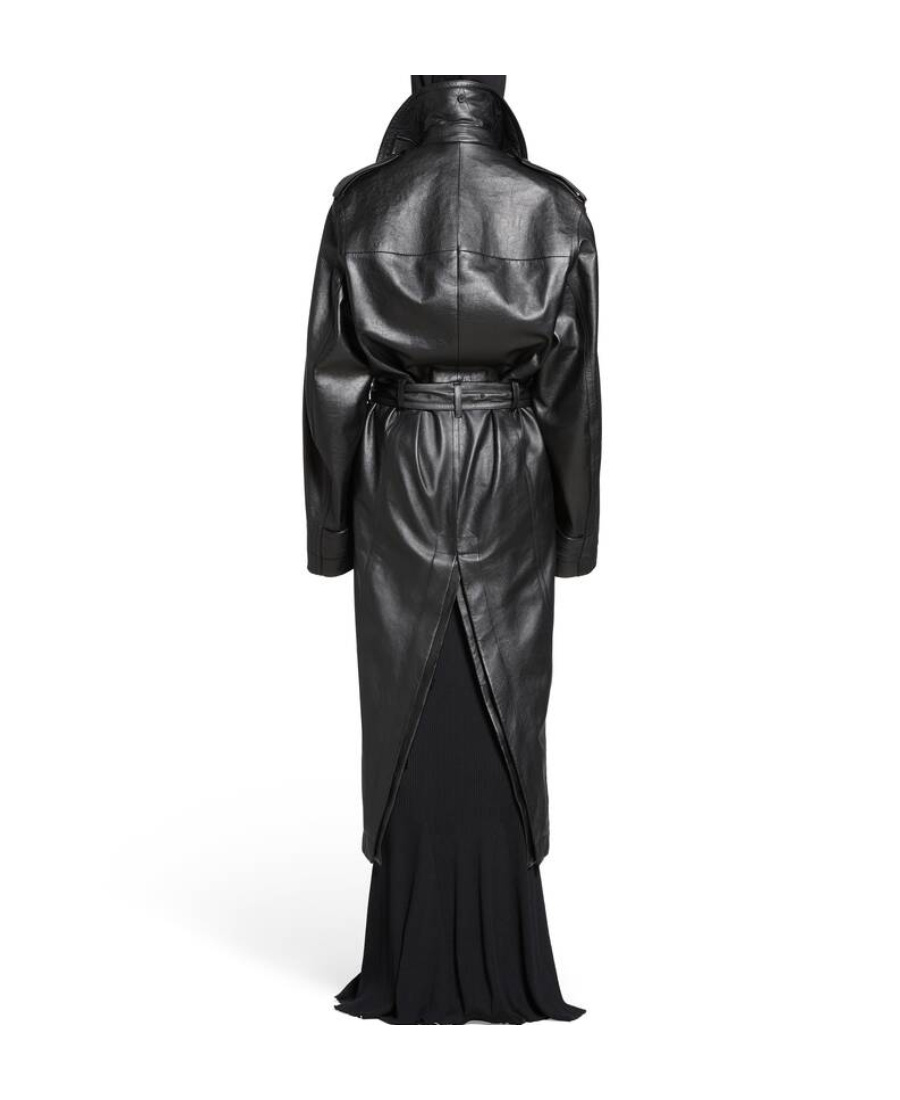Balenciaga Notched-lapels Leather Trench Coat In Black