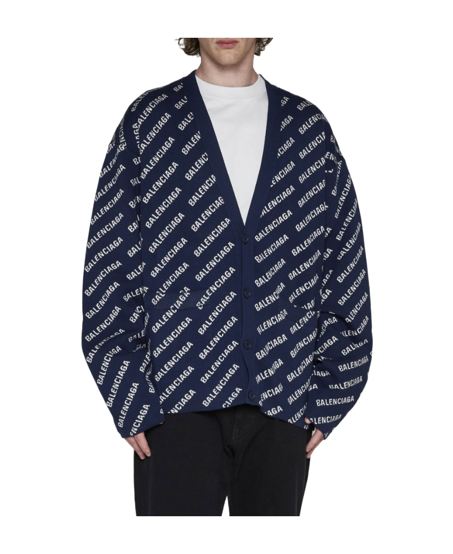 Balenciaga All-over Logo Button-up Cardigan In Blue