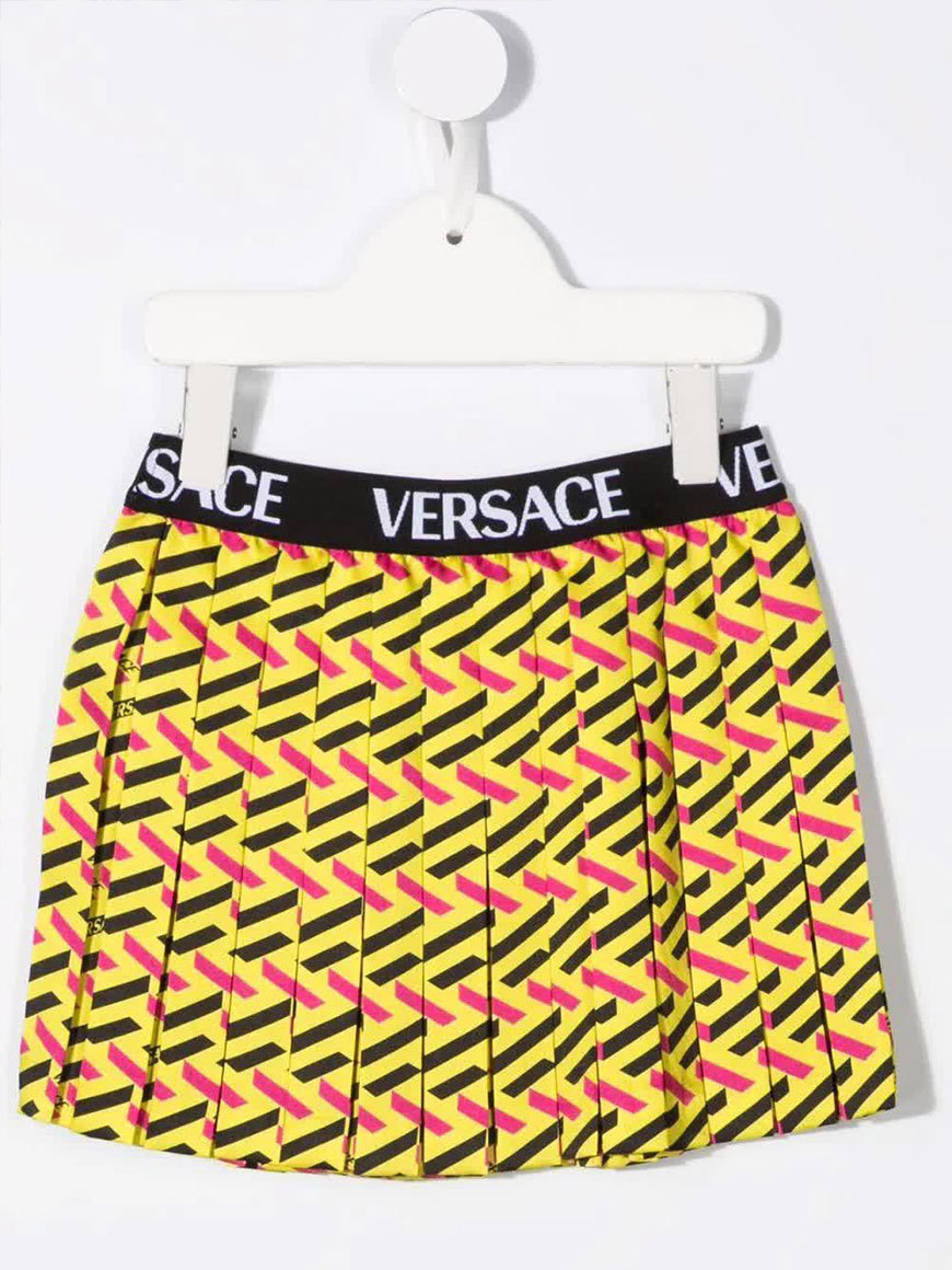Versace La Greca Print Pleated Skirt In Yellow