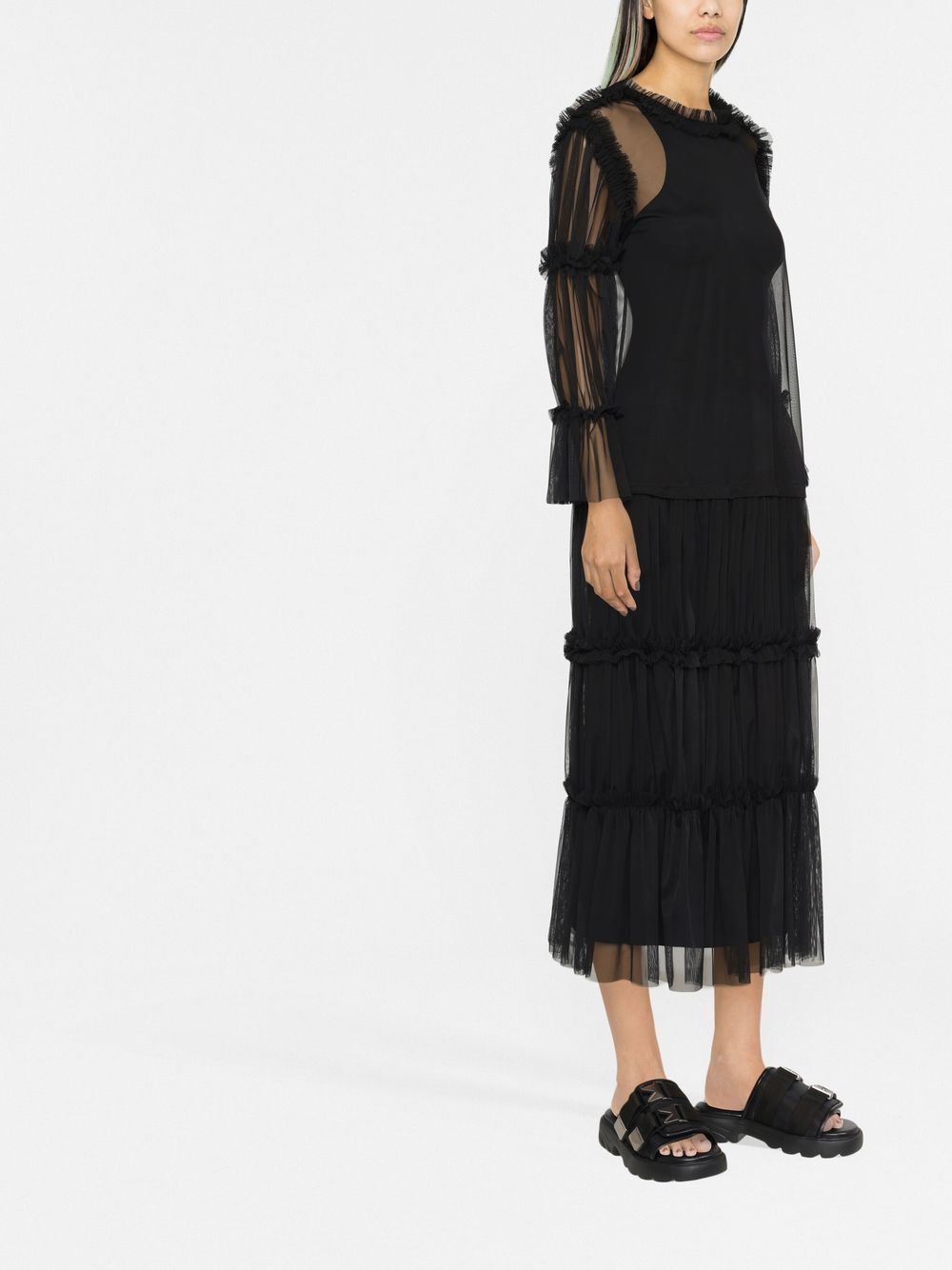 Shop Mm6 Maison Margiela Sheer Long-length Ruffle-trim Blouse In Black