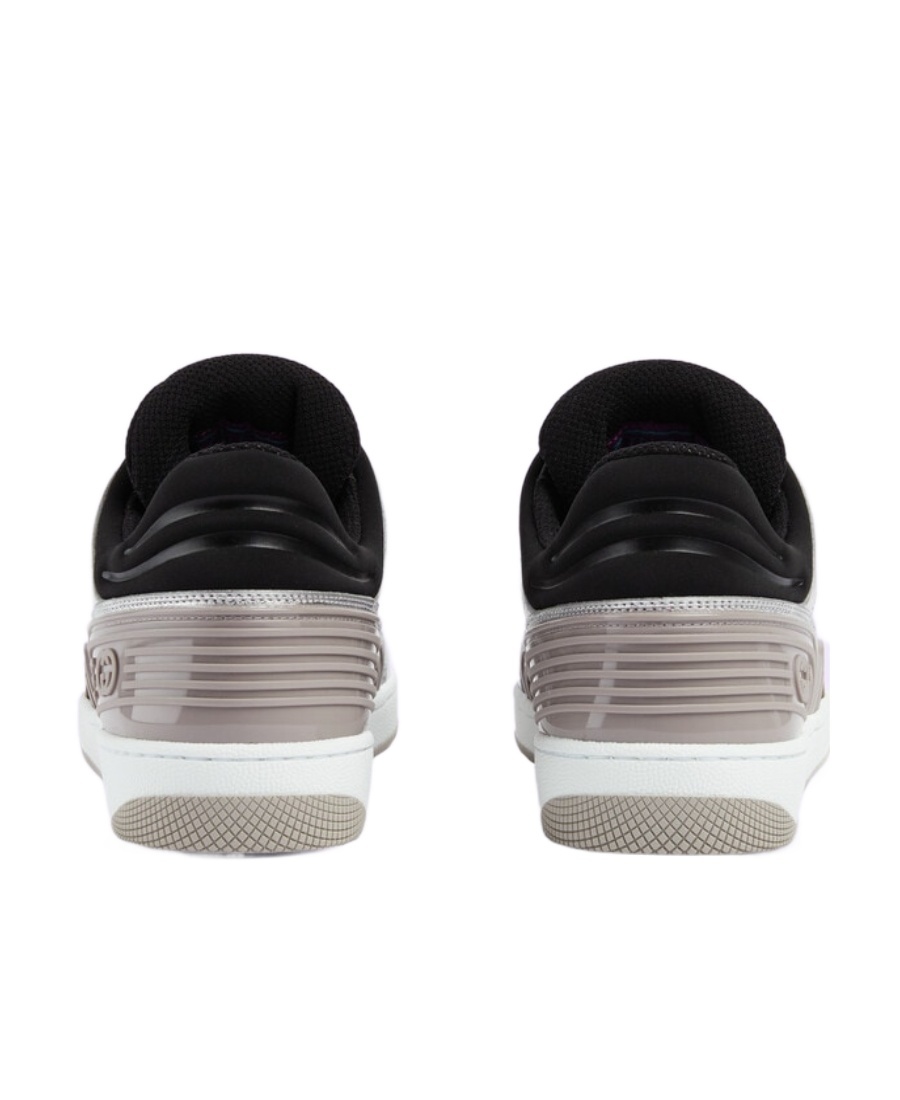 Gucci Elevate Your Style With This Silver And Black Metallic-leather Sneaker In Gray