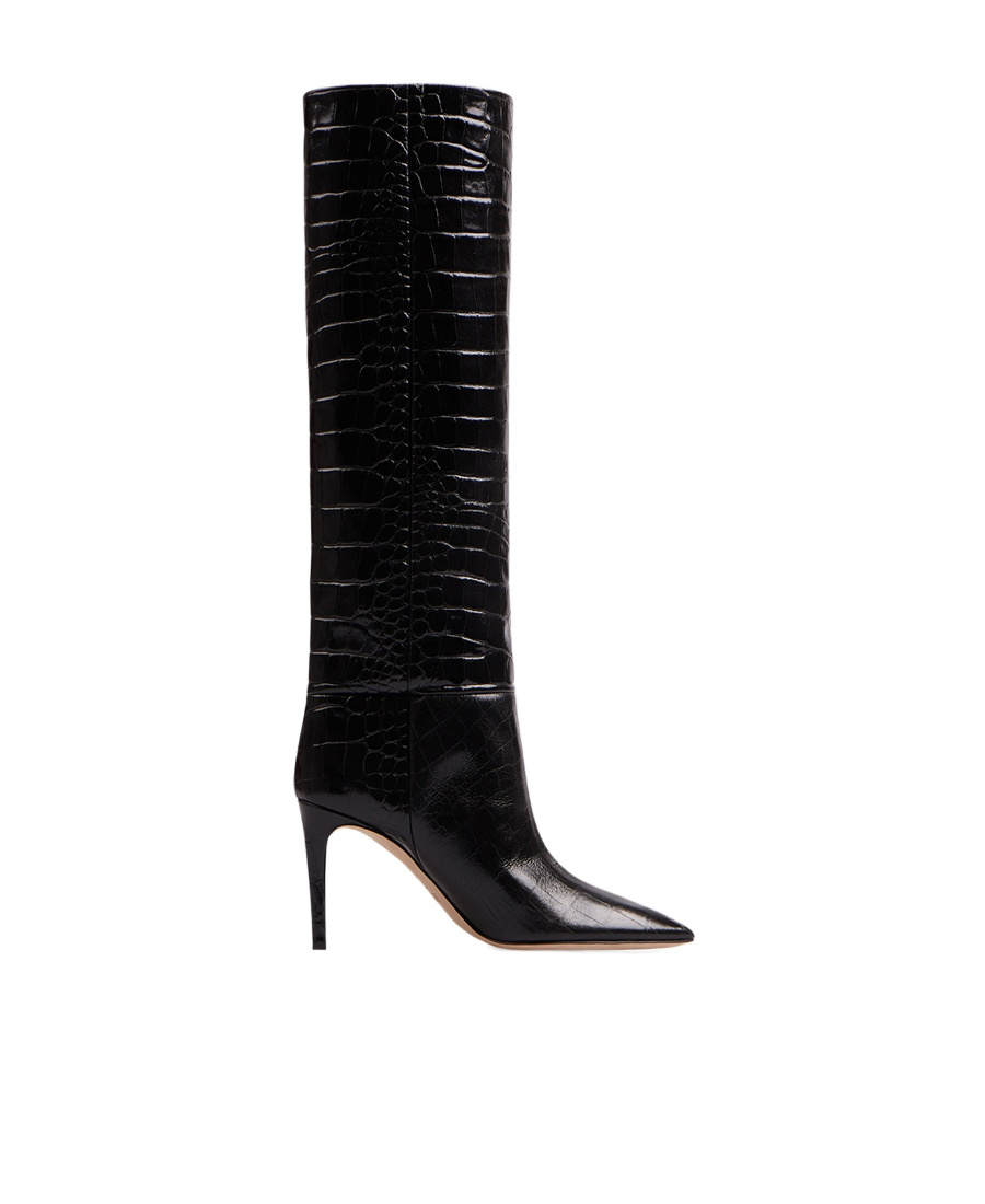 Paris Texas Dark Bordeaux High Boots With Stiletto Heel In Croco Embossed Leather Woman In Black