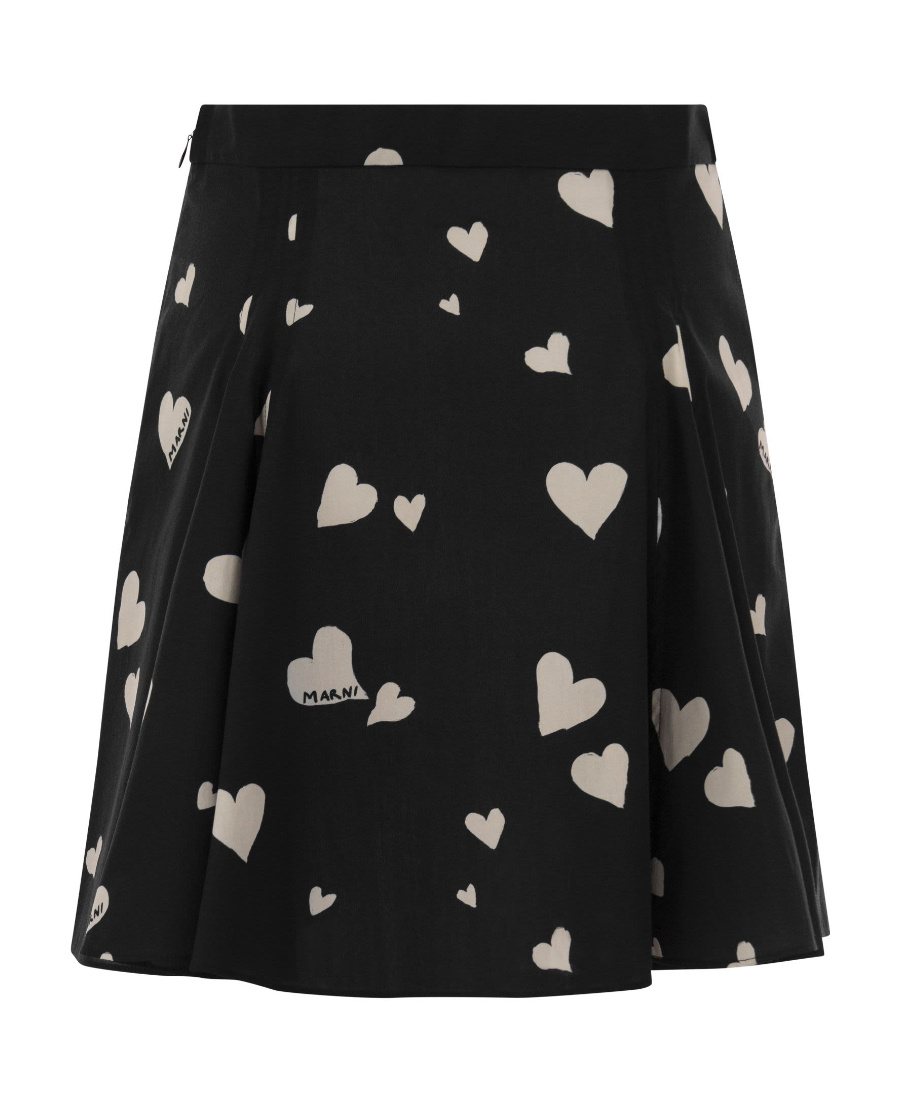 Marni Black Poplin Skirt With Bunch Of Hearts Print In Black