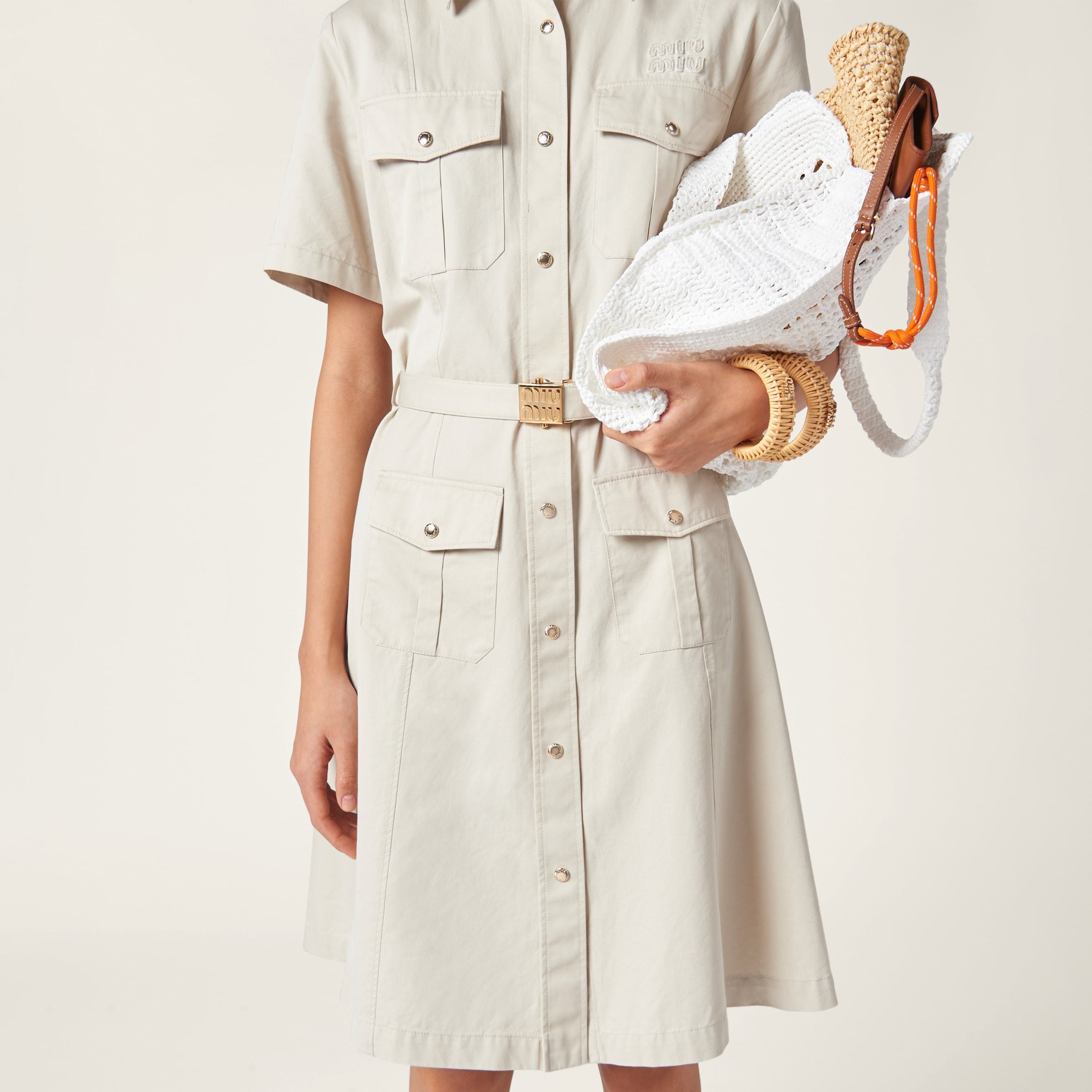 Miu Miu Logo-patch Belted Shirt Dress In Gray