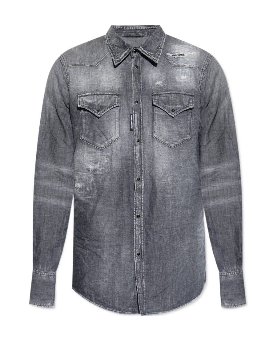 Dsquared2 Classic Western Distressed Denim Shirt In Gray