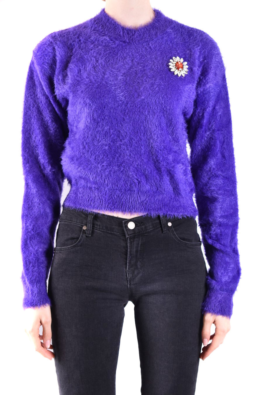 Moschino Floral-appliqué Crewneck Brushed Jumper In Purple