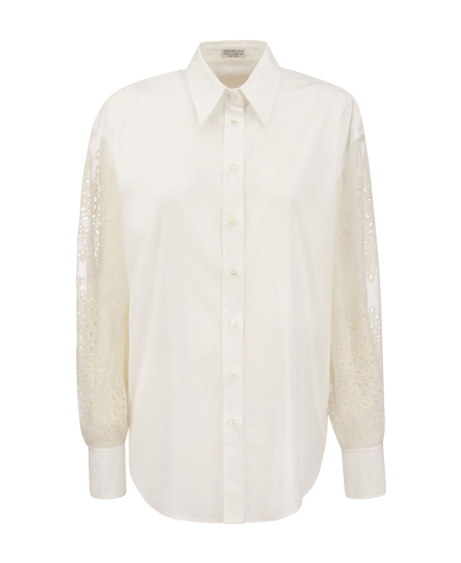 Brunello Cucinelli Stretch Cotton Poplin Shirt With Crispy Silk Broderie Anglaise Sleeve In White