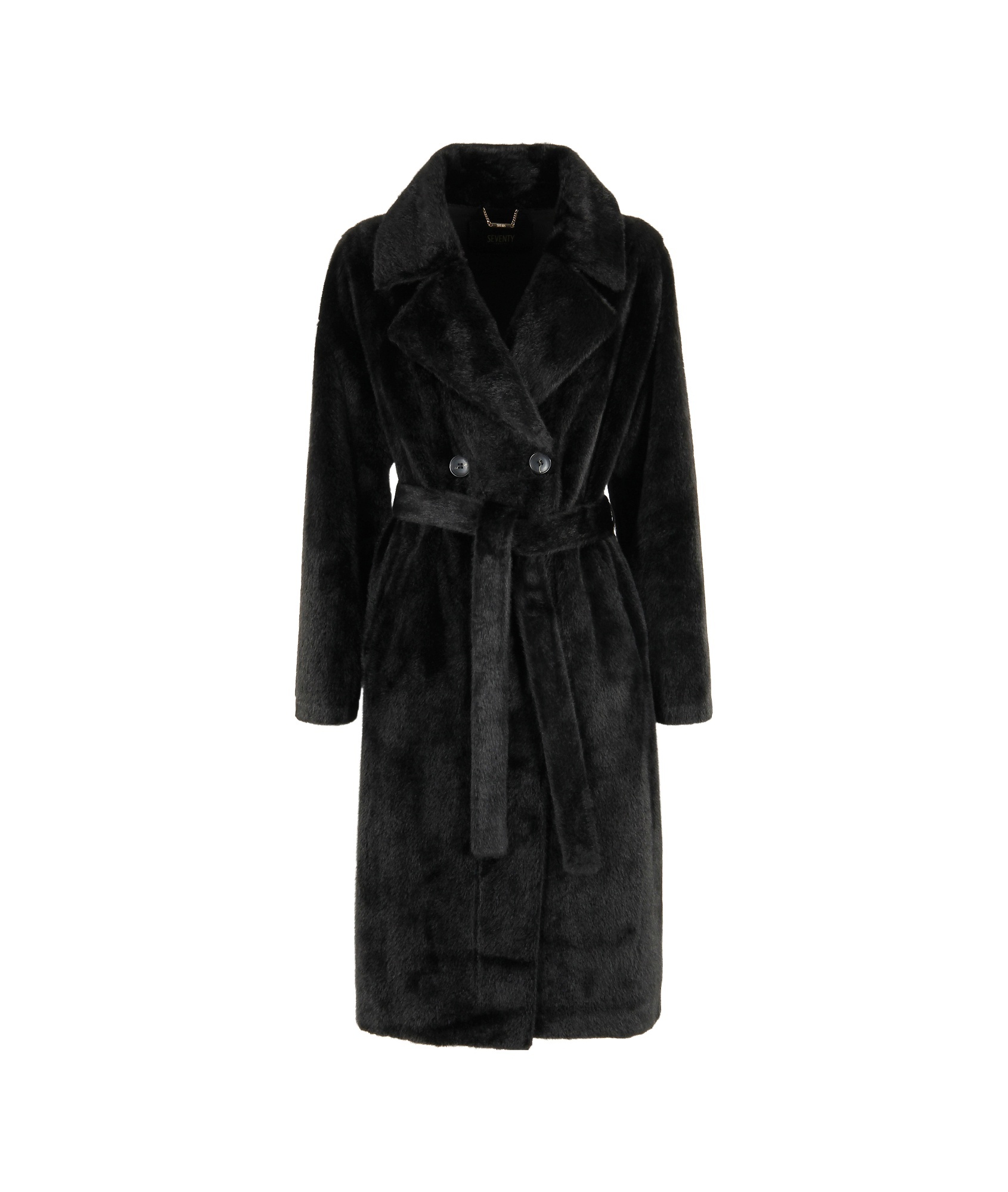 Seventy Double-breasted Faux Fur Trench Coat In Black