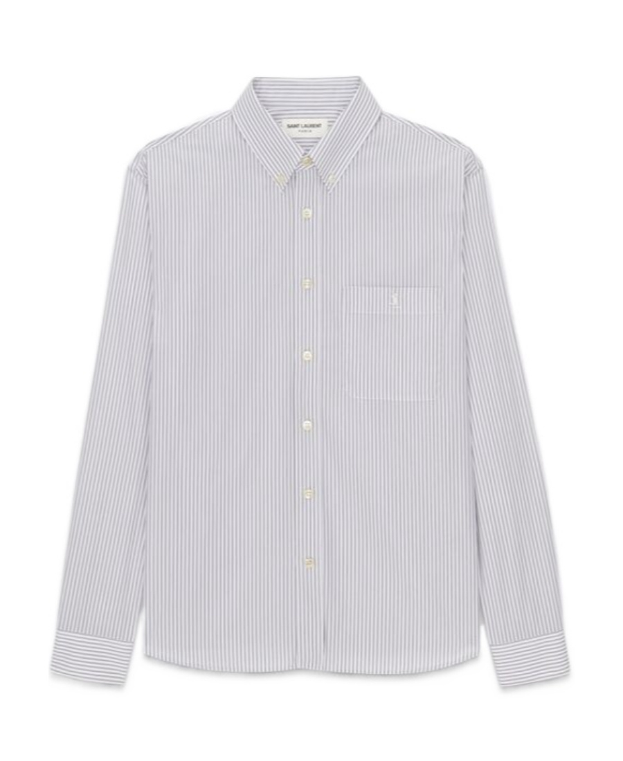 Saint Laurent Monogram Button-down Collar Striped Cotton-poplin Shirt In White