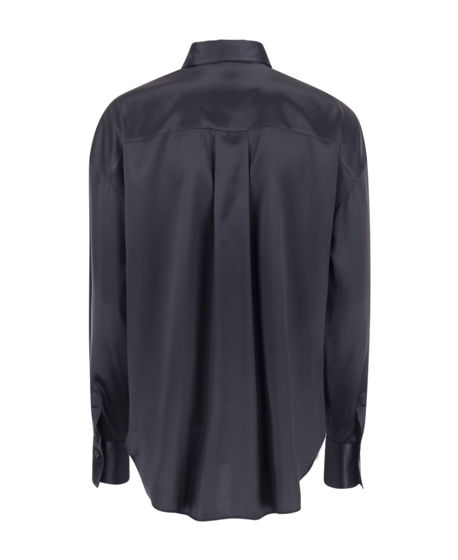 Brunello Cucinelli Women's Stretch Silk Satin Shirt With Shiny Pockets In Blue