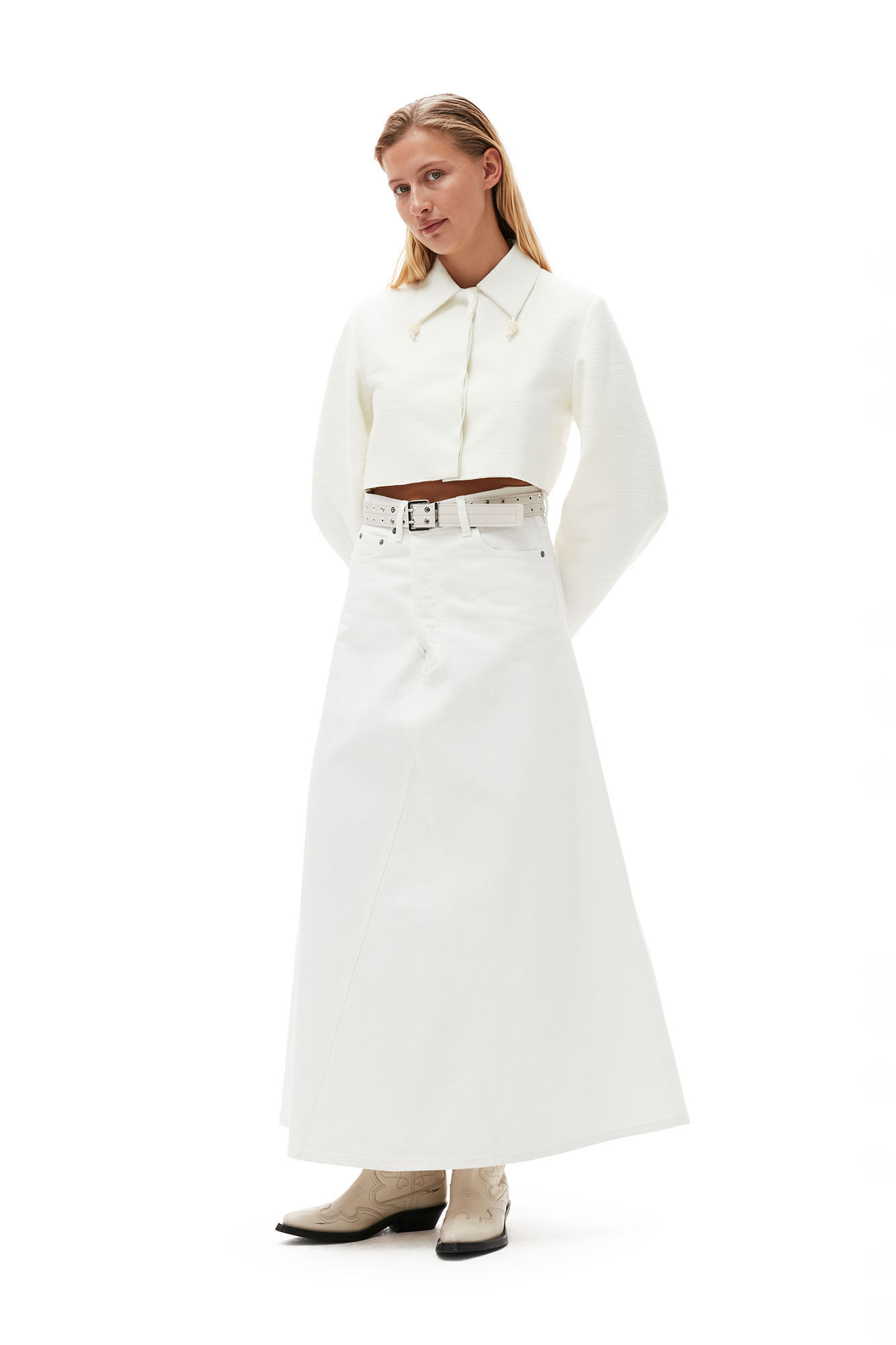 Ganni Double-fly Denim Maxi Skirt In White