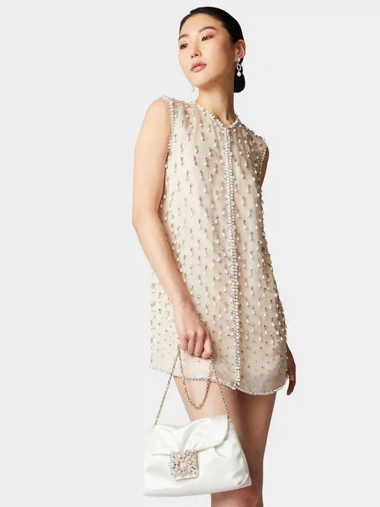 Roger Vivier Drape Bouquet Pearl Strass Drill Buckle Mini Handbag In White
