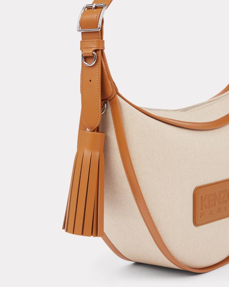 Kenzo Canvas Medium Hobo Bag With Leather Trim In Nude