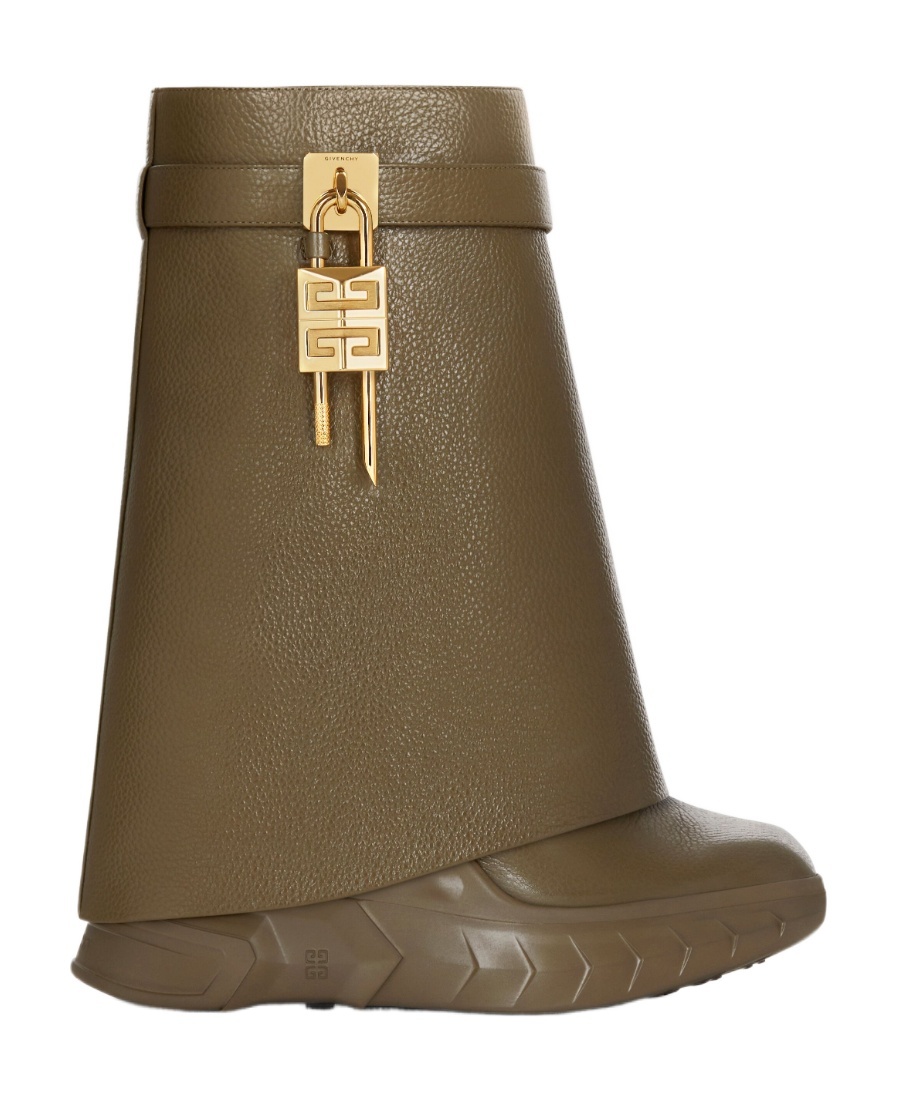 Givenchy Shark Lock Biker Ankle Boots In Grained Leather In Dark Khaki