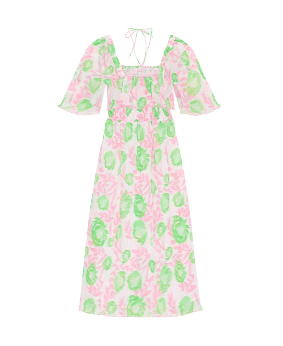 Ganni Short Sleeve Pleated Georgette Midi Smock Dress In Pink
