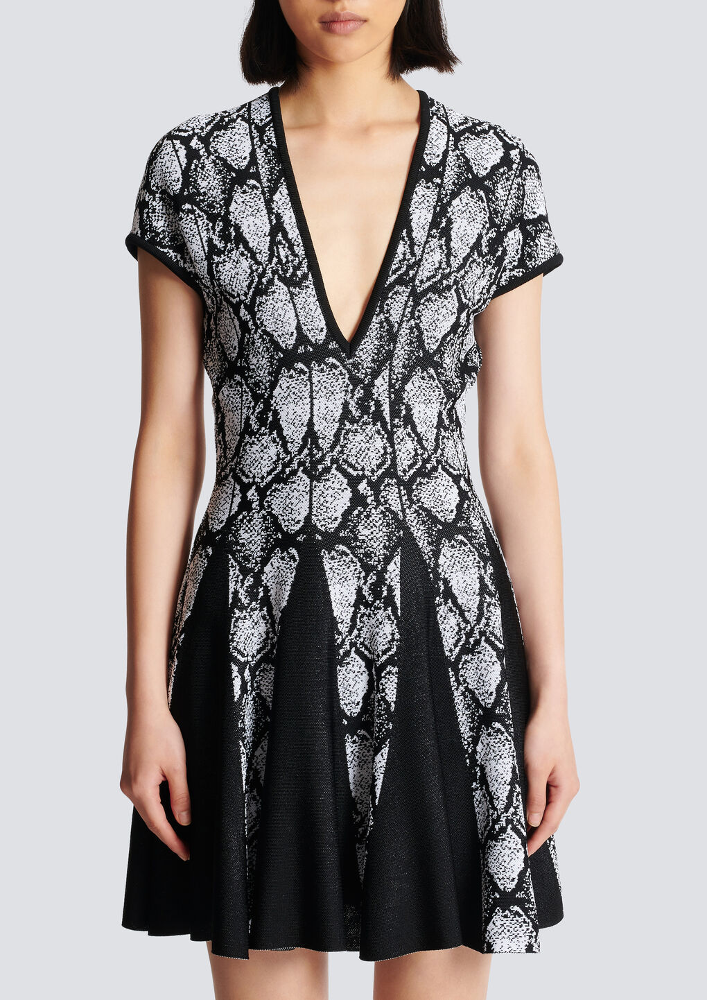 Balmain Short-sleeve Python Jacquard-knit Skater Dress In Gray