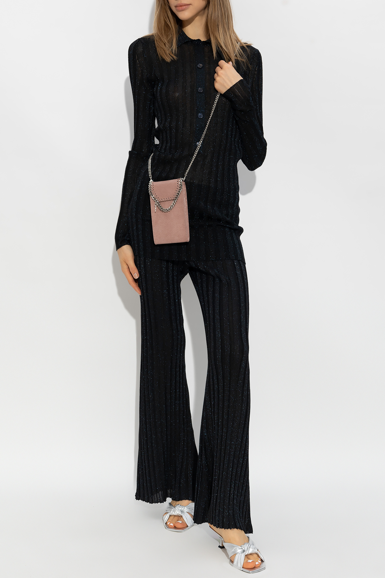 Stella Mccartney Lurex Ribbed-knit Straight-leg Trousers In Black