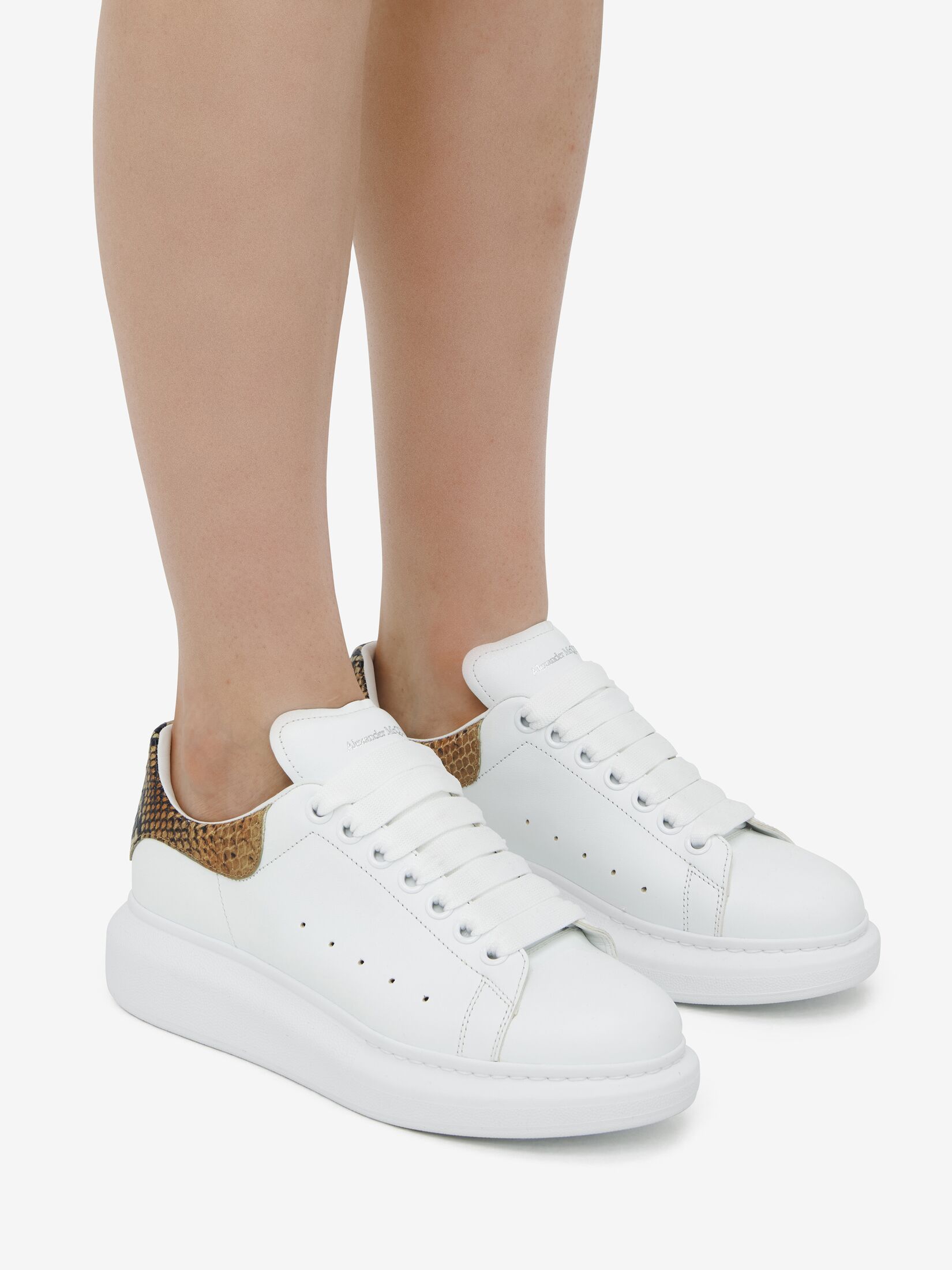 Alexander Mcqueen White Oversize Sneakers With Snake Print On The Heel In Leather Woman In White