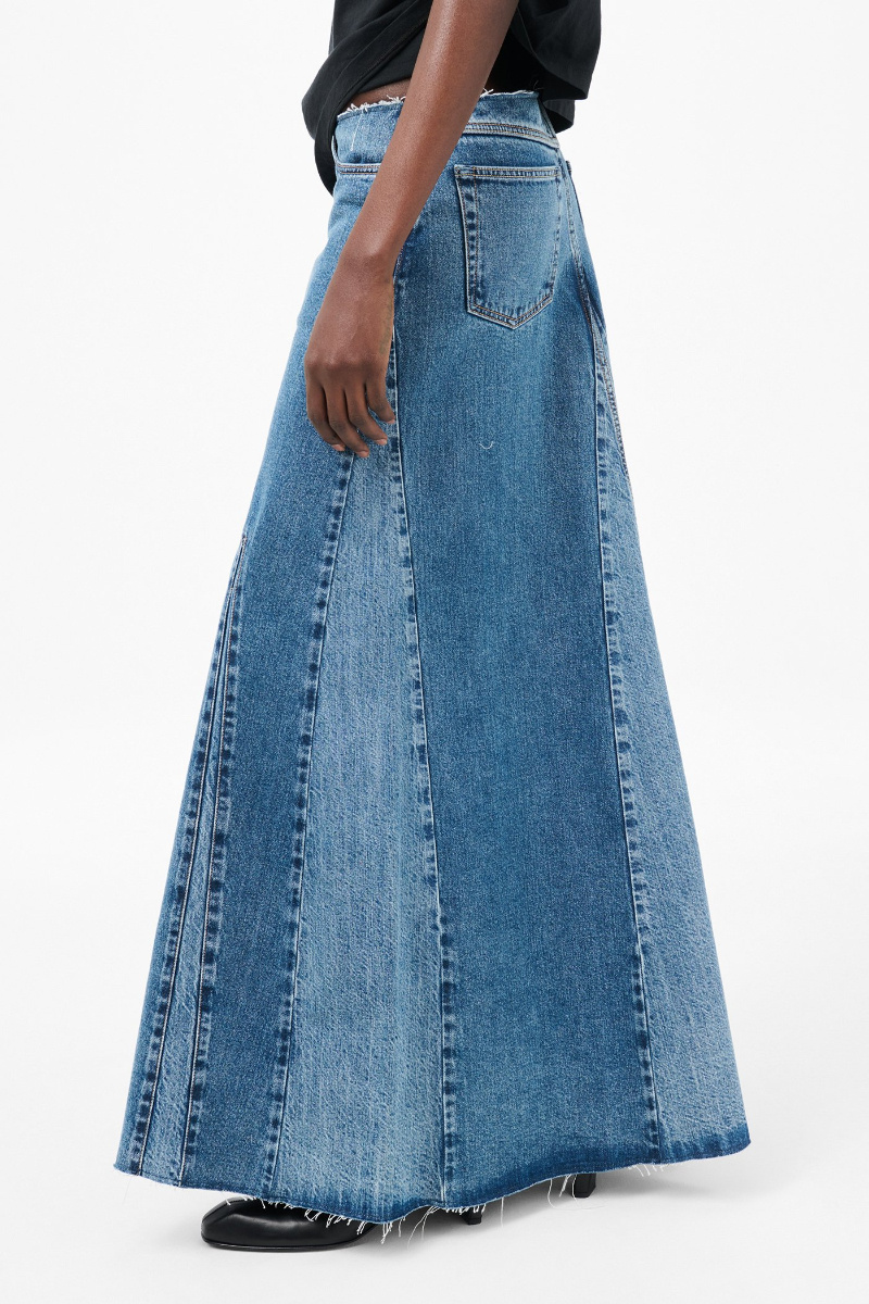 Our Legacy Rebel Panelled Frayed Maxi Skirt In Blue
