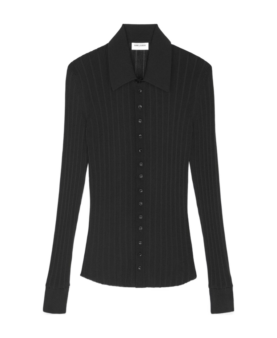 Saint Laurent Ribbed-knit Polo Top In Black