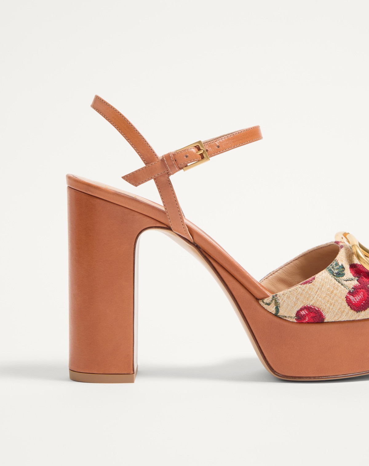 Valentino Cherry-embroidered Raffia Platform Sandals In Brown