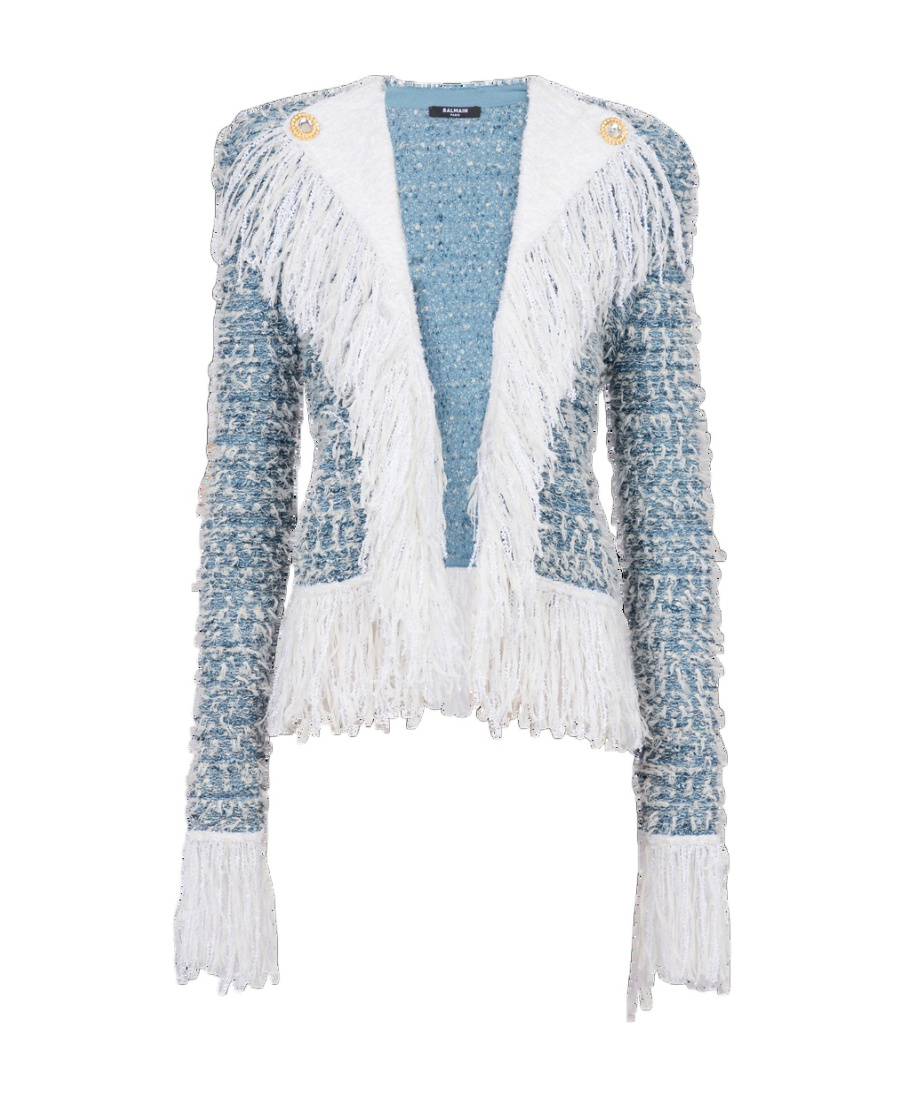 Shop Balmain Fringed Denim Tweed Jacket In Blue