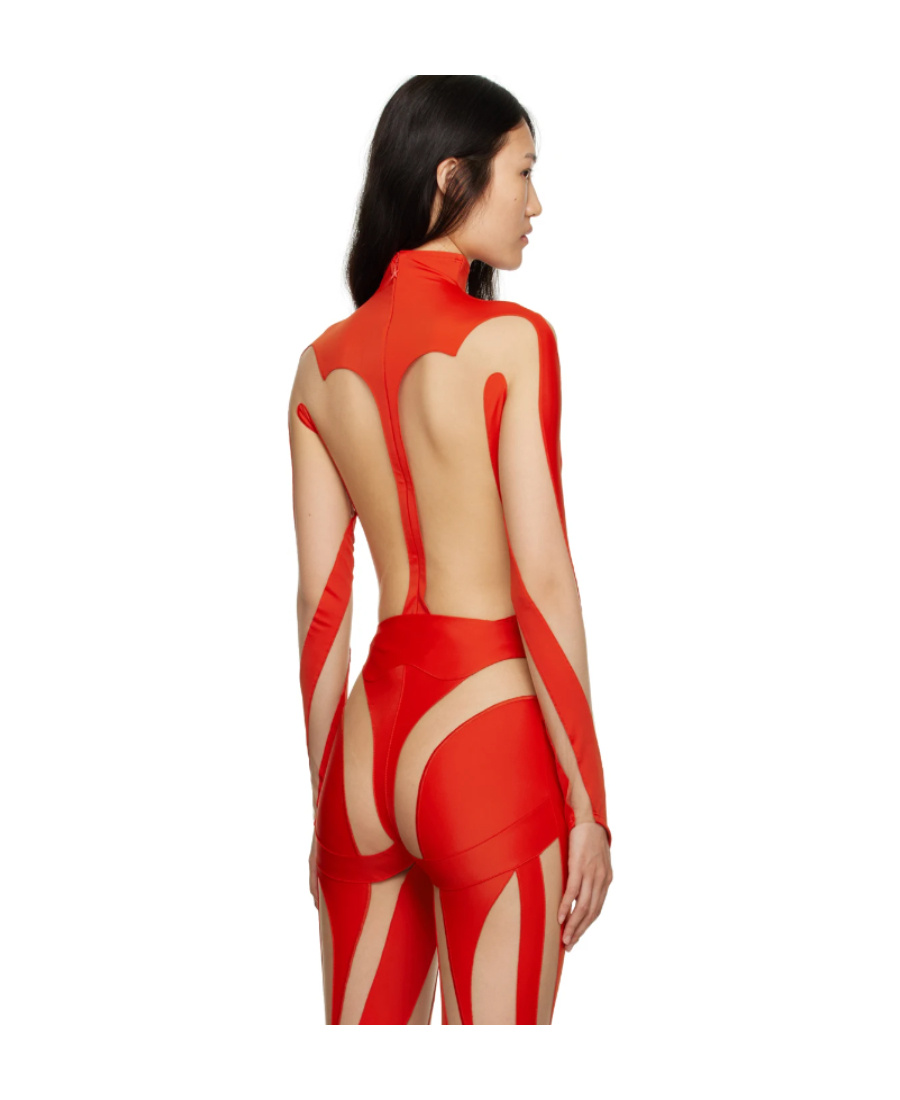 Mugler Long Sleeved Hollowed-out Jumpsuit In Red