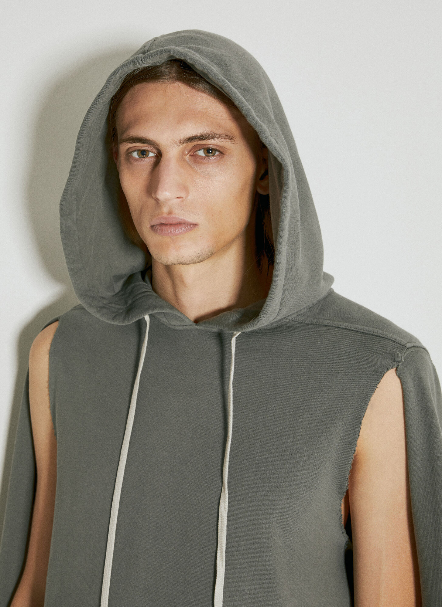 Rick Owens Drkshdw Cut-out Detailed Long Hoodie In Gray