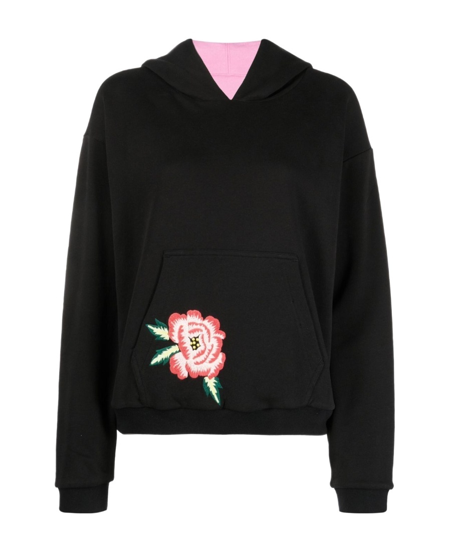 Kenzo Black Floral Embroidery Hoodie Double Face In Black