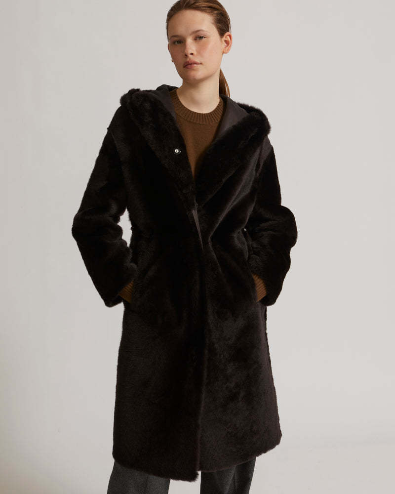 Yves Salomon Reversible Hooded Shearling Coat In Black