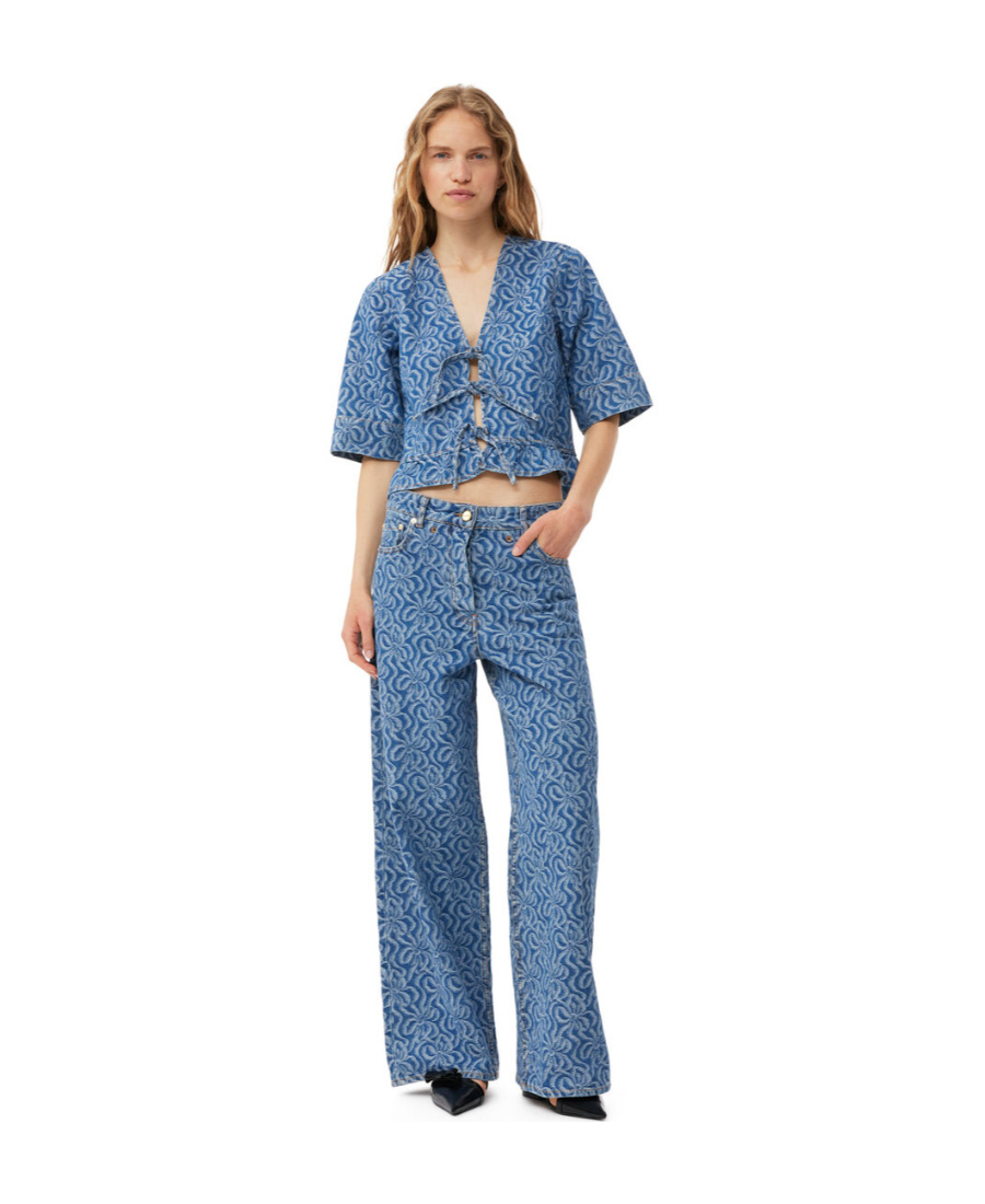 Ganni Tie-detailed Jacquard-denim Peplum Top In Blue