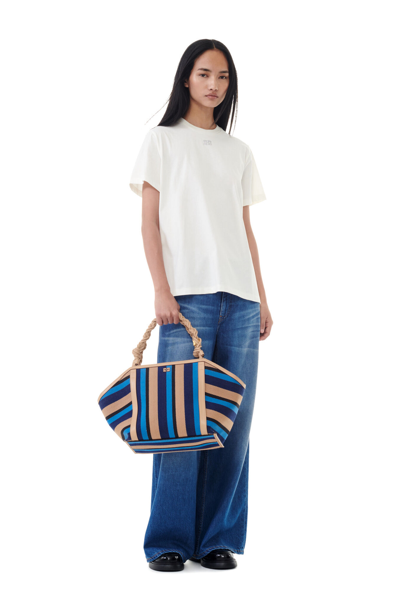 Ganni Rhinestone Logo Embroidery T-shirt In White