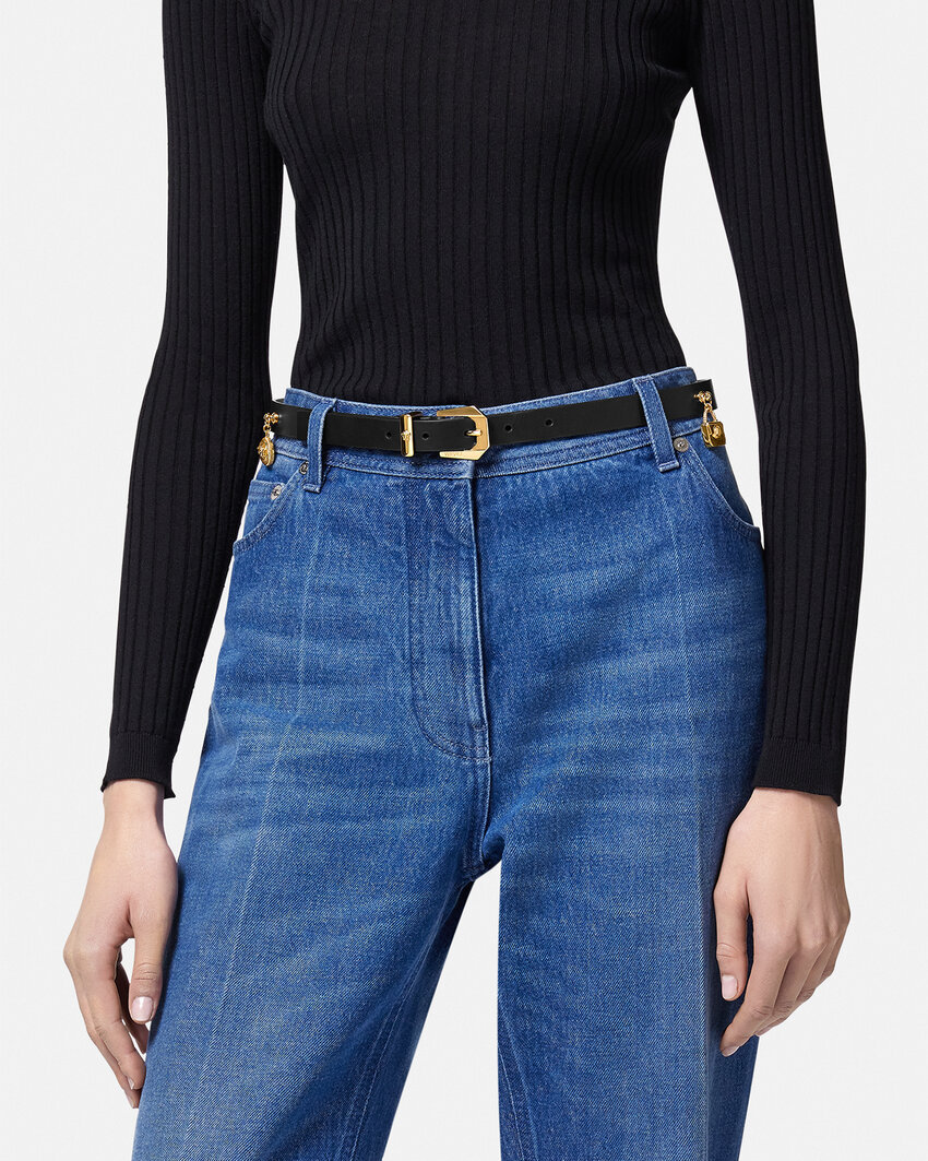 Versace Medusa Heritage Charms Leather Belt In Black