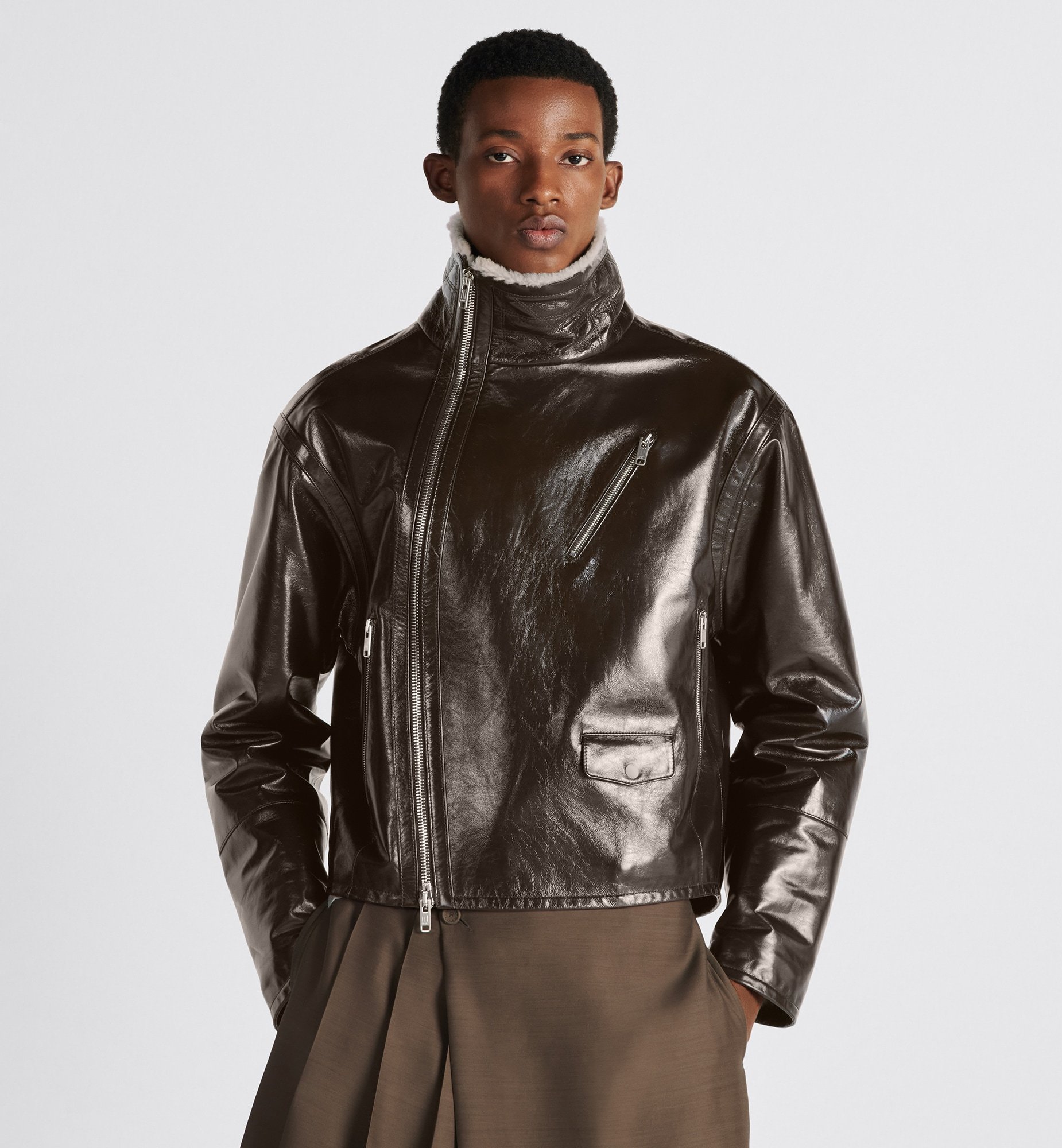 Dior Long-sleeved Leather Jacket With Wool Collar In Brown