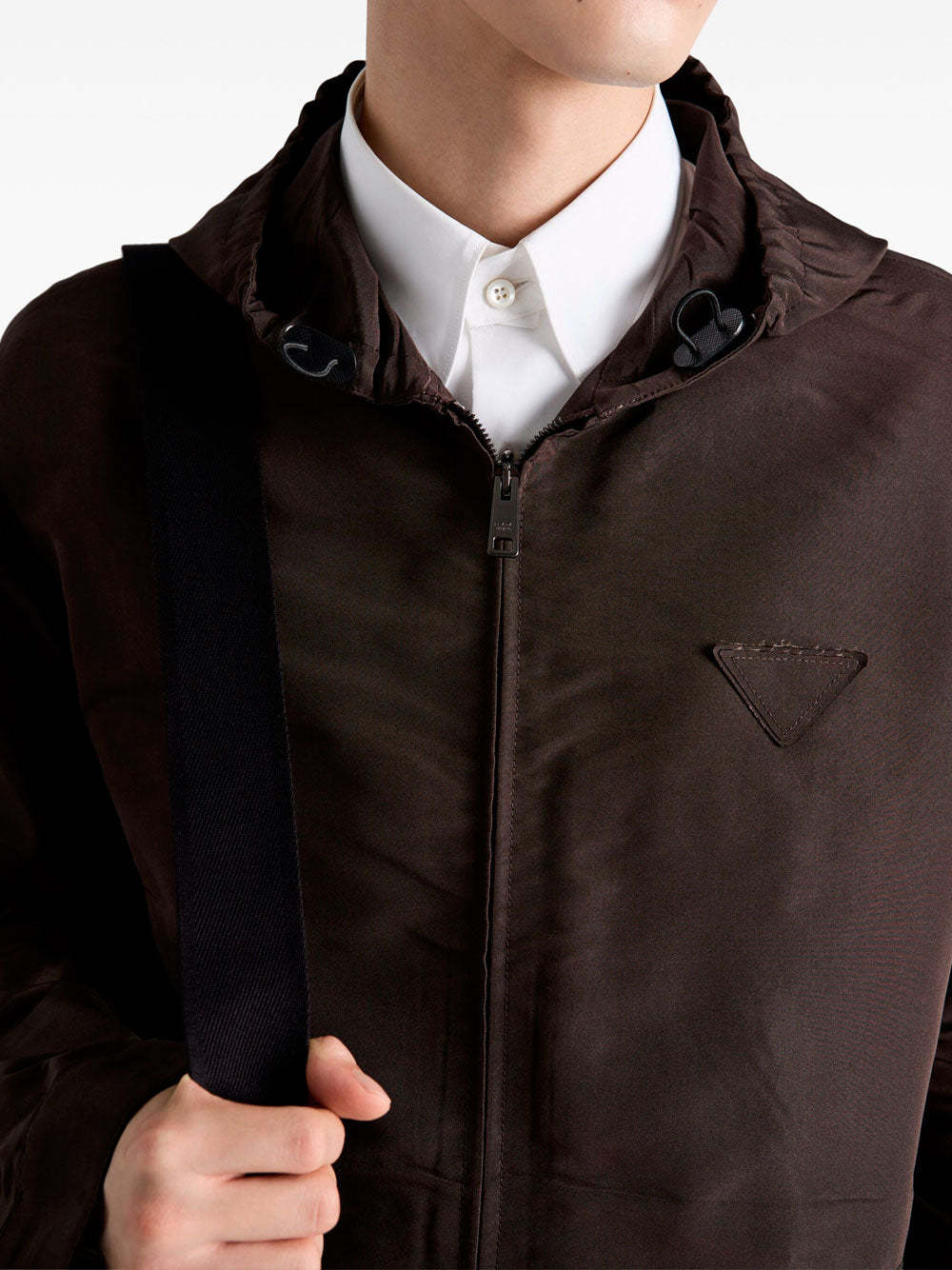 Prada Mid-thigh Brown Zip-up Coat With Hood And Subtle Branding In Black
