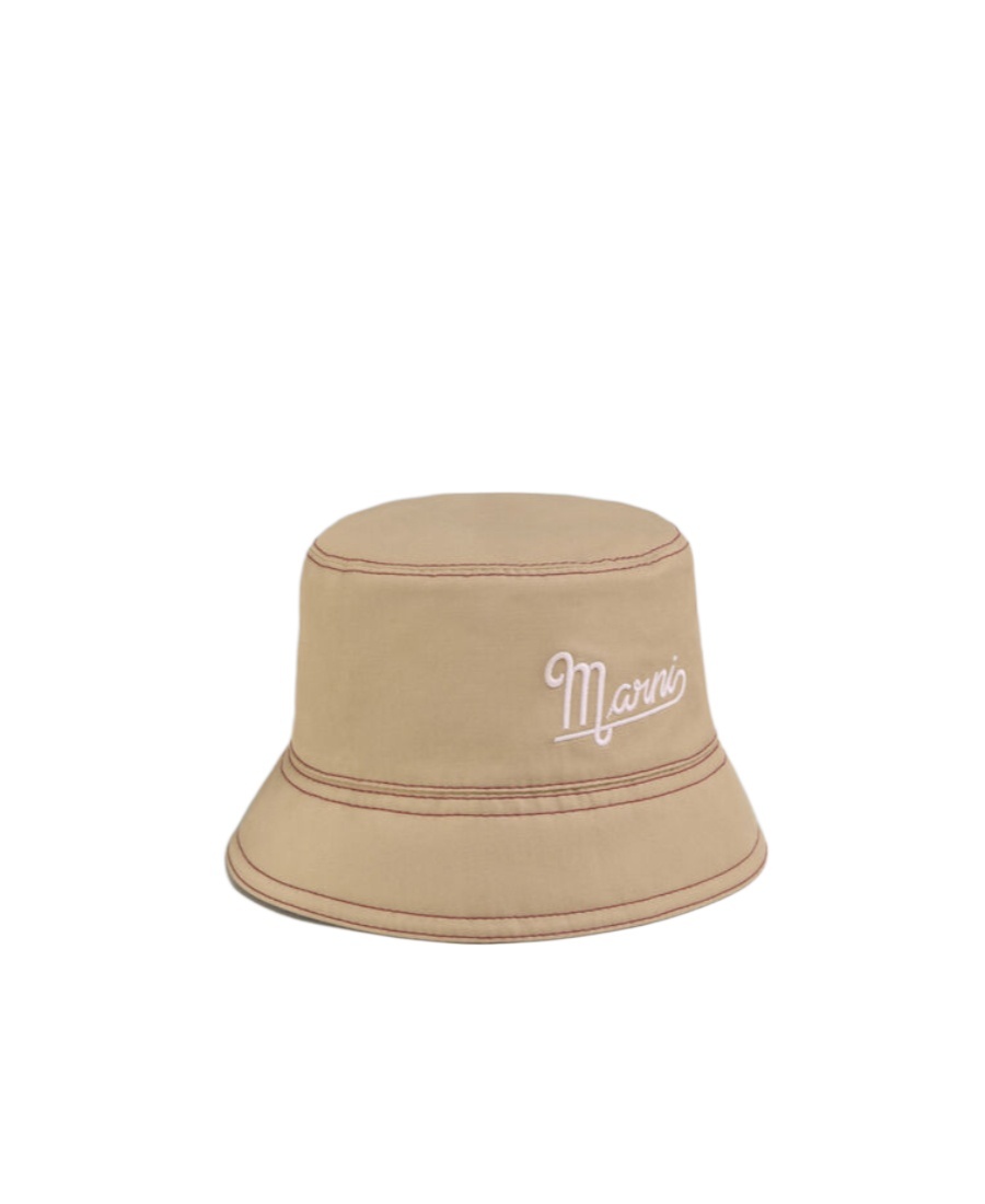 Marni Beige Linen And Cotton Bucket Hat With Embroidery In Nude