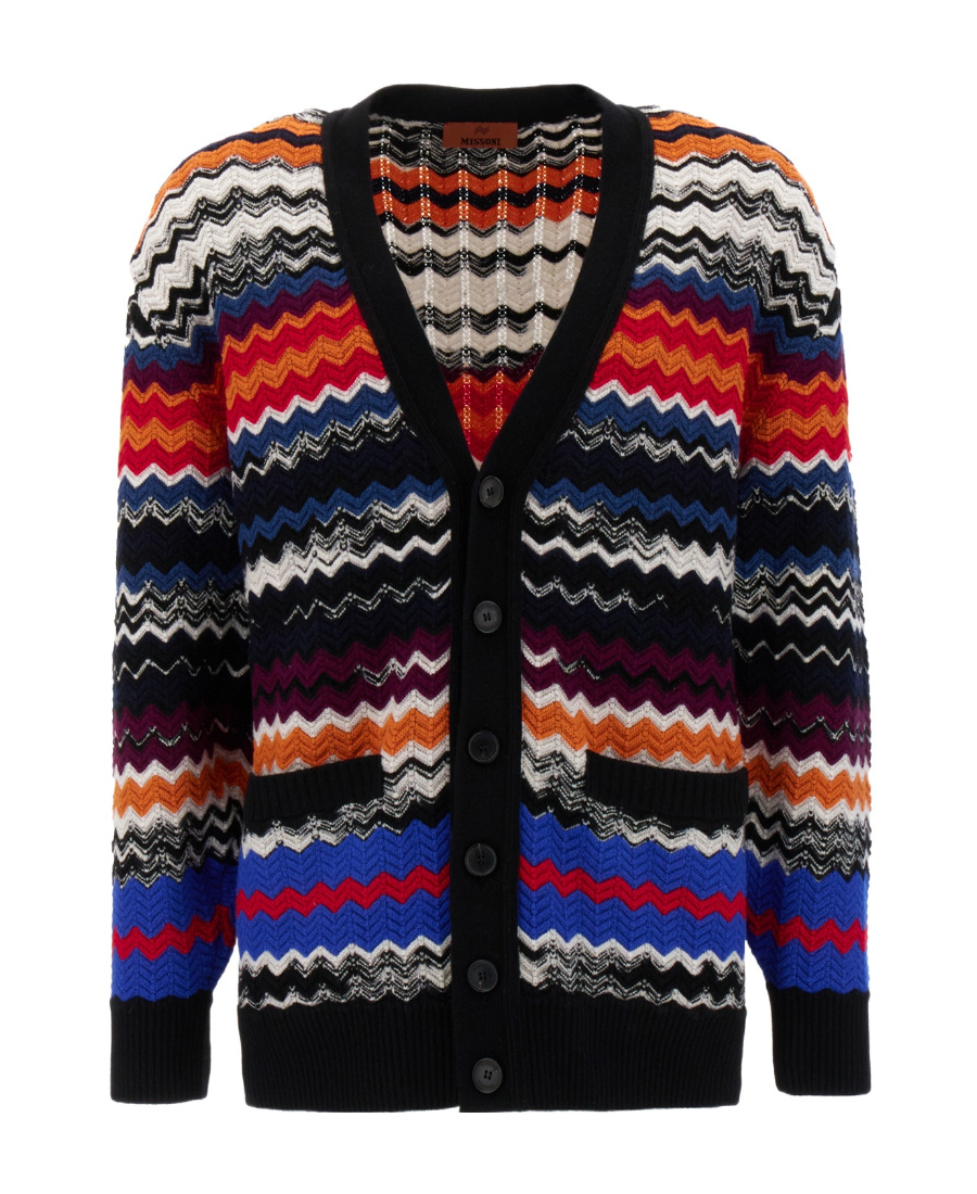 Missoni Chevron Pattern Wool Blend Cardigan In Black
