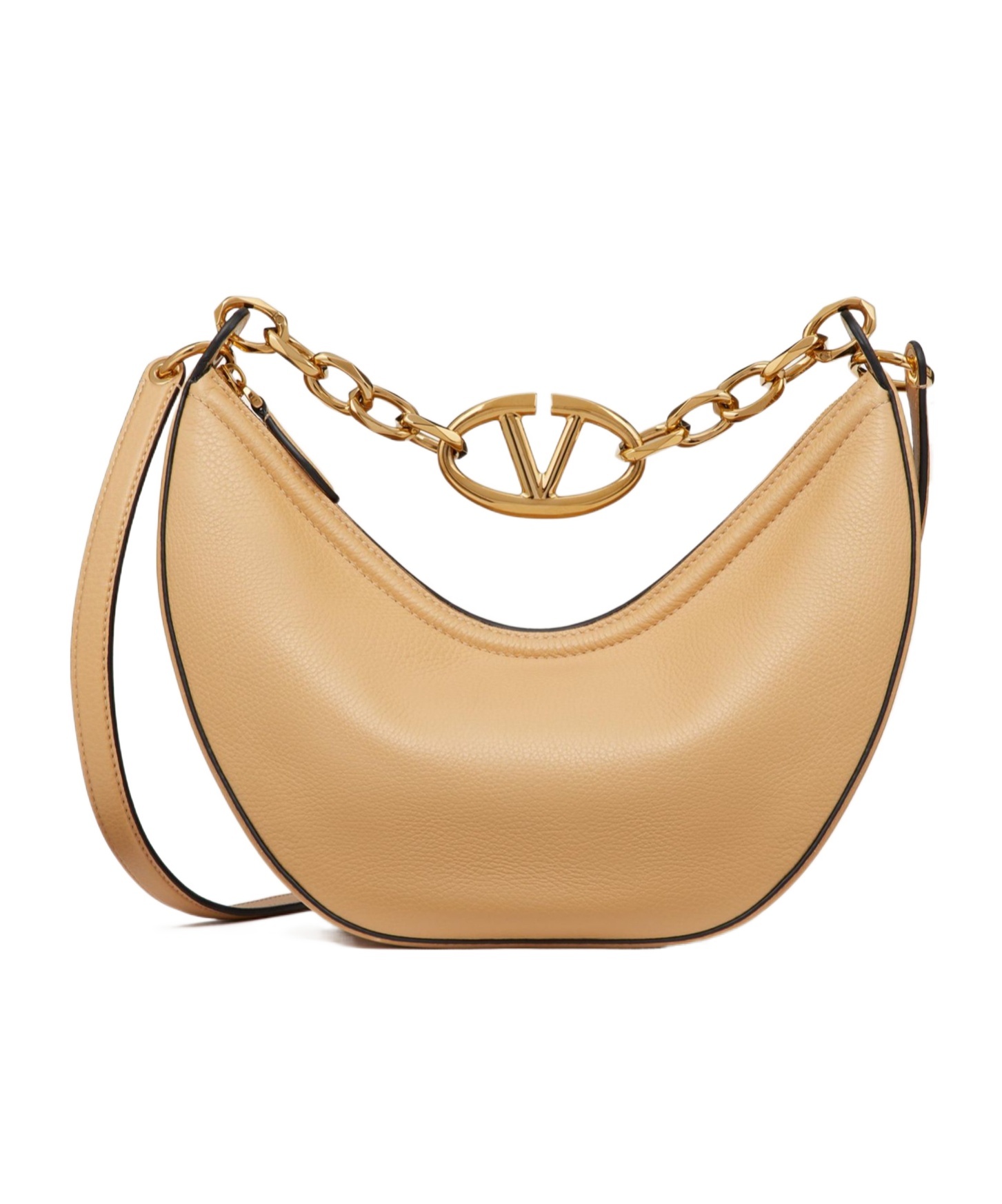 VALENTINO GARAVANI SMALL VLOGO MOON HOBO BAG IN GRAINY CALFSKIN WITH CHAIN 