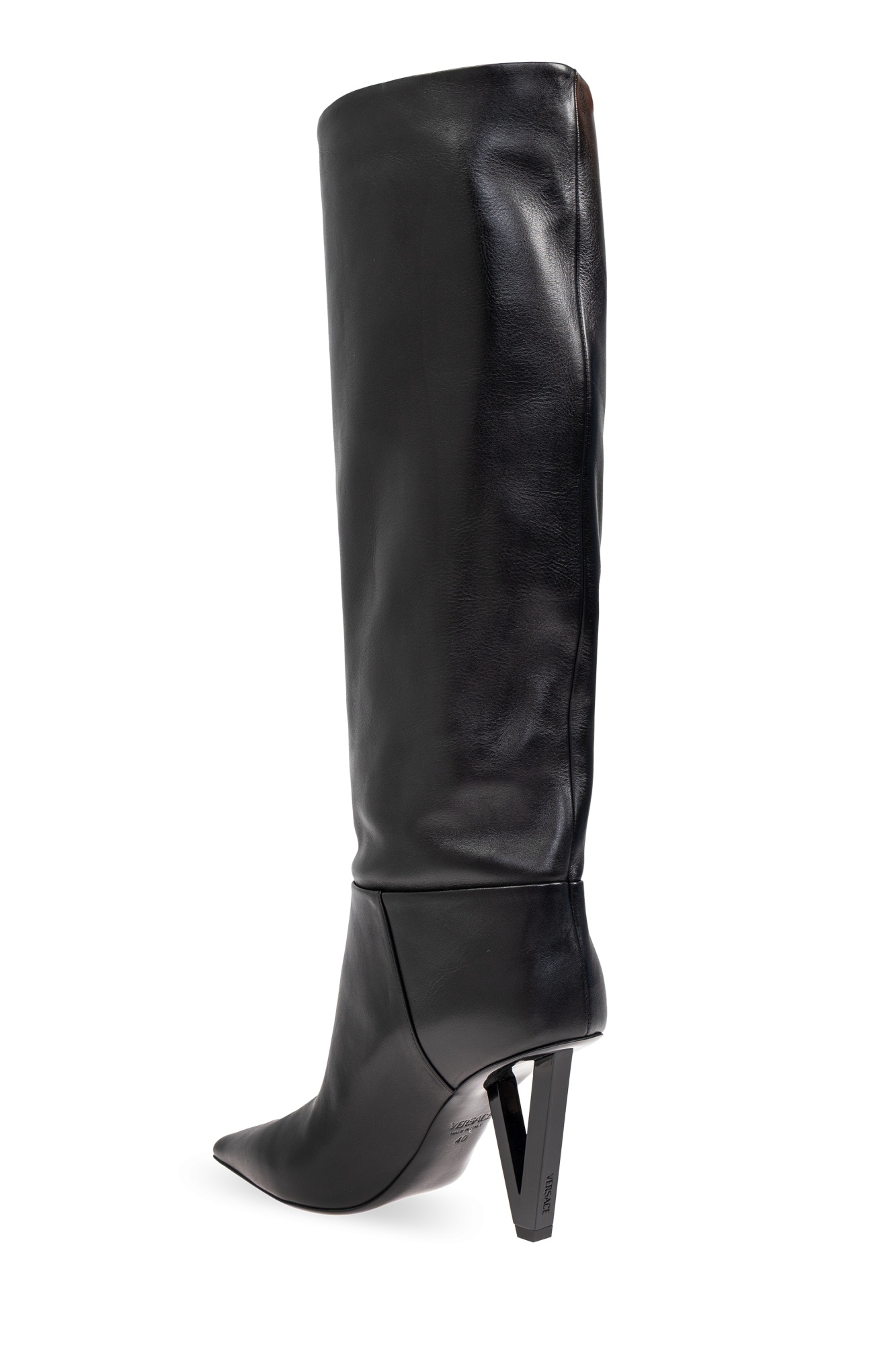 Versace Leather V-heel Knee-high Boots 85 In Black