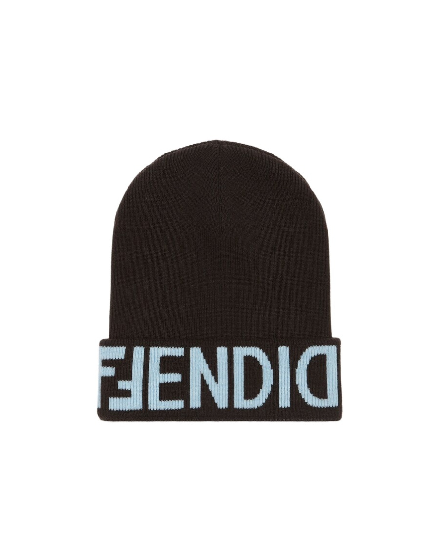 Fendi Logo Intarsia Knitted Beanie In Black