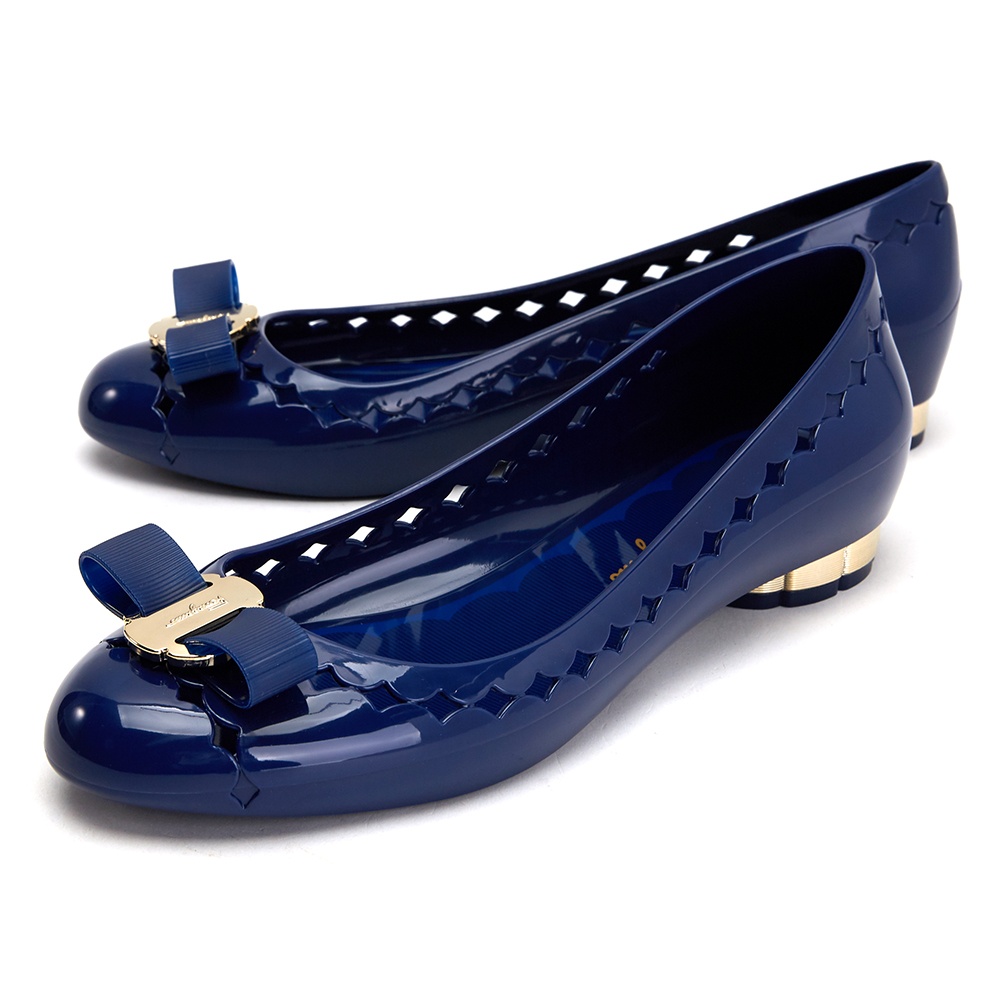 Ferragamo Navy Blue Bow Ballet Shoes In Blue