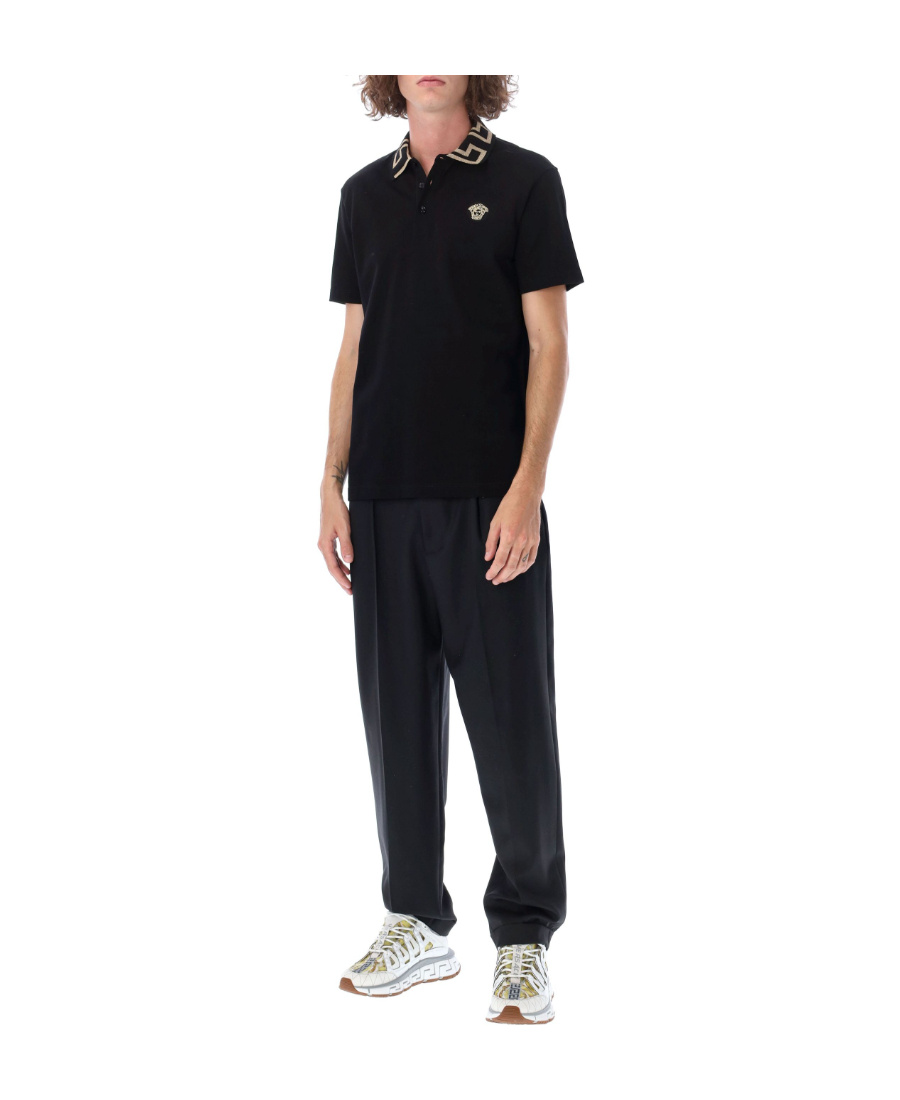 Shop Versace Greca Collar Polo Shirt In Black